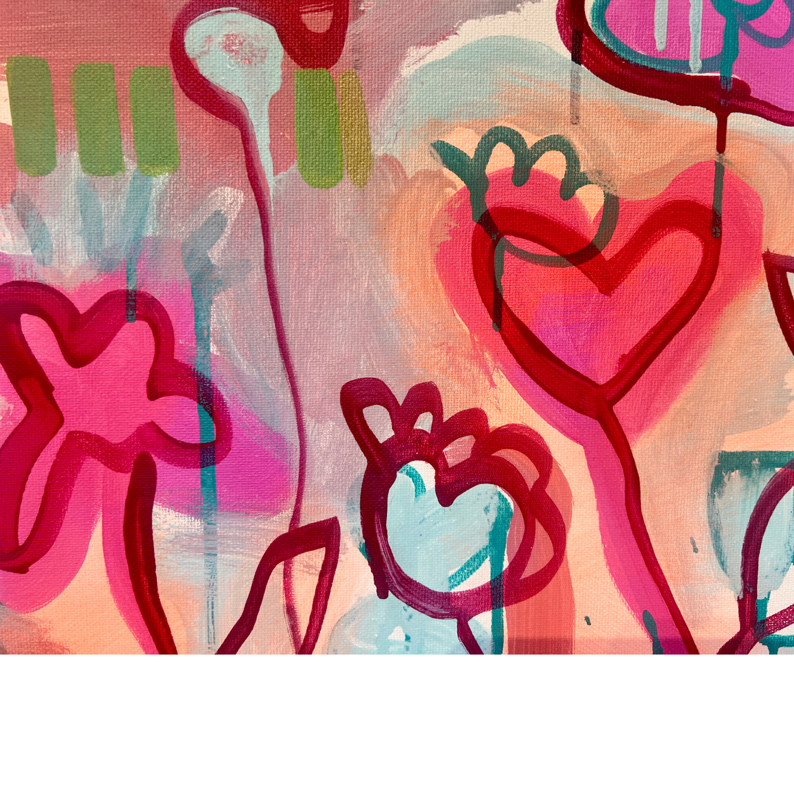 Detailaufnahme von Happy Rebels – Bloom Together mit expressiven Herzen, floralen Formen und kräftigen Pink- und Rosatönen.
