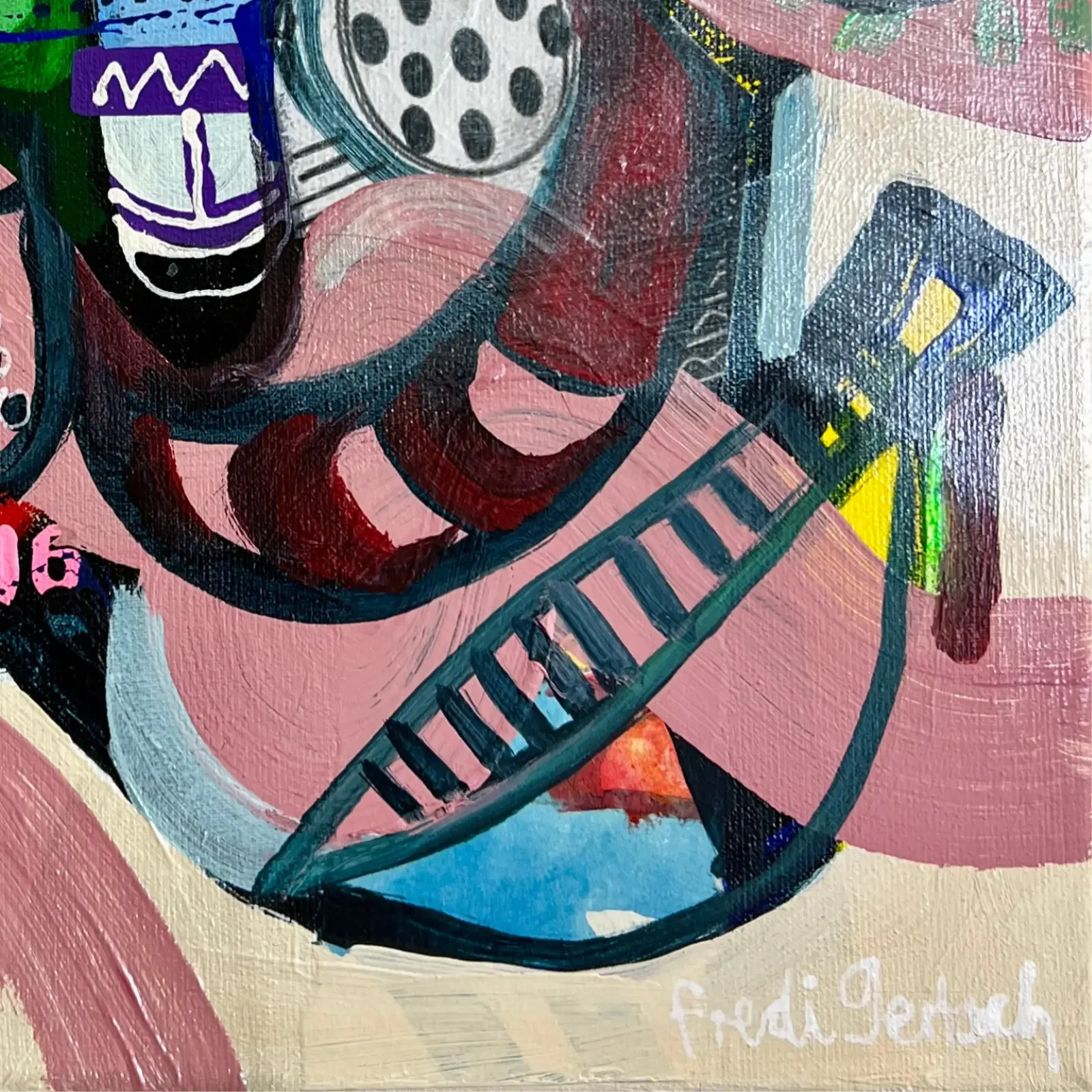 Detail abstrakte Formen, Kreise und Signatur, Pop Art Acrylgemälde Crown & Circles, Fredi Gertsch, 2026