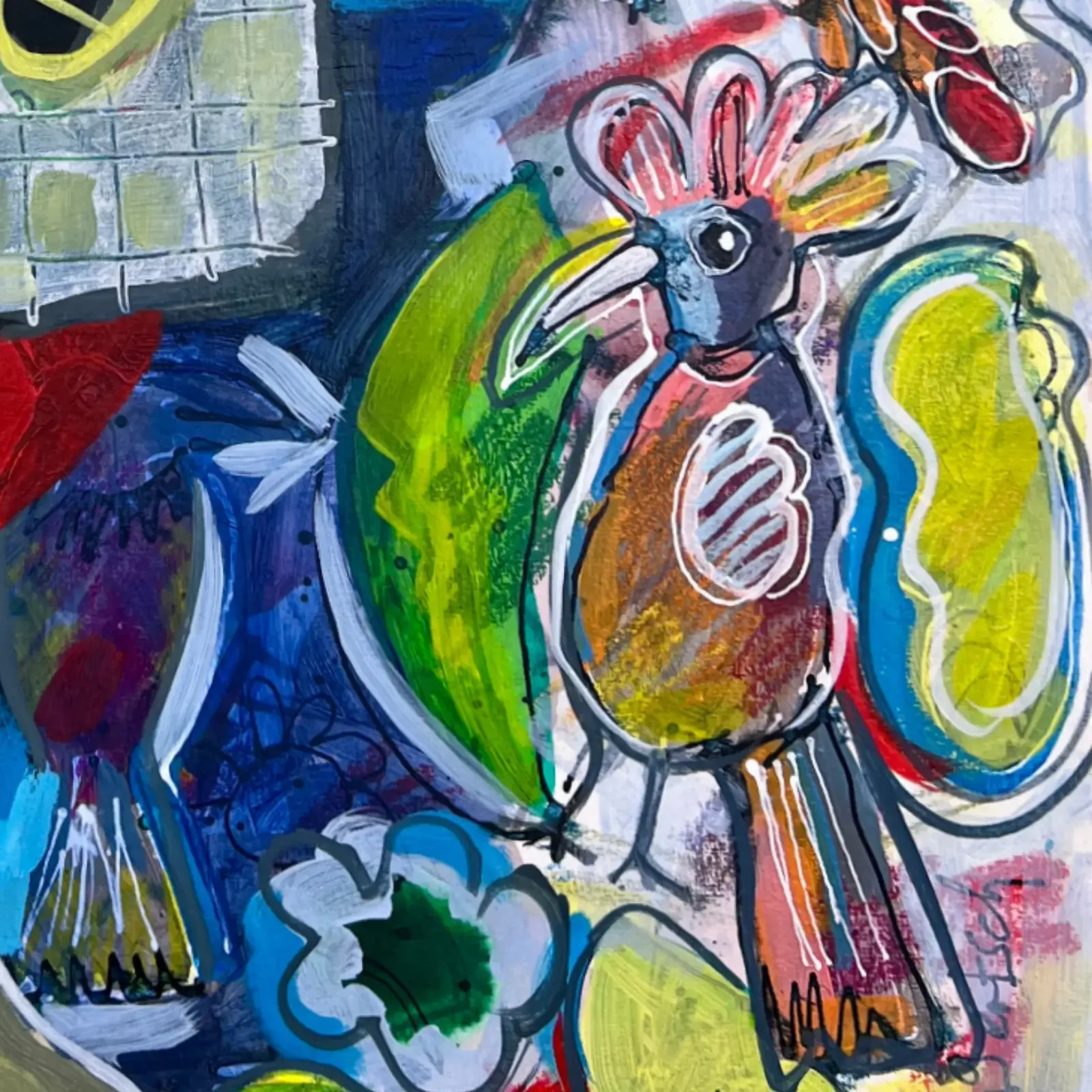 Detail Vogel und florale Motive, Pop Art Acrylgemälde VogelLisi – Golden Birds, Fredi Gertsch, 2026