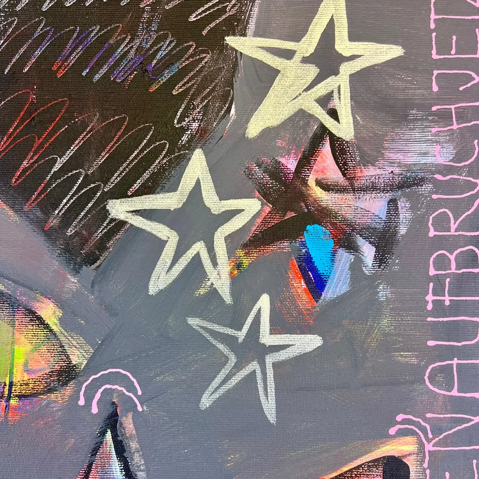 Detail Sterne und Schriftzug "Qualitätsbrüchig", Pop Art Collage Acrylgemälde Free Place For Ads, Fredi Gertsch