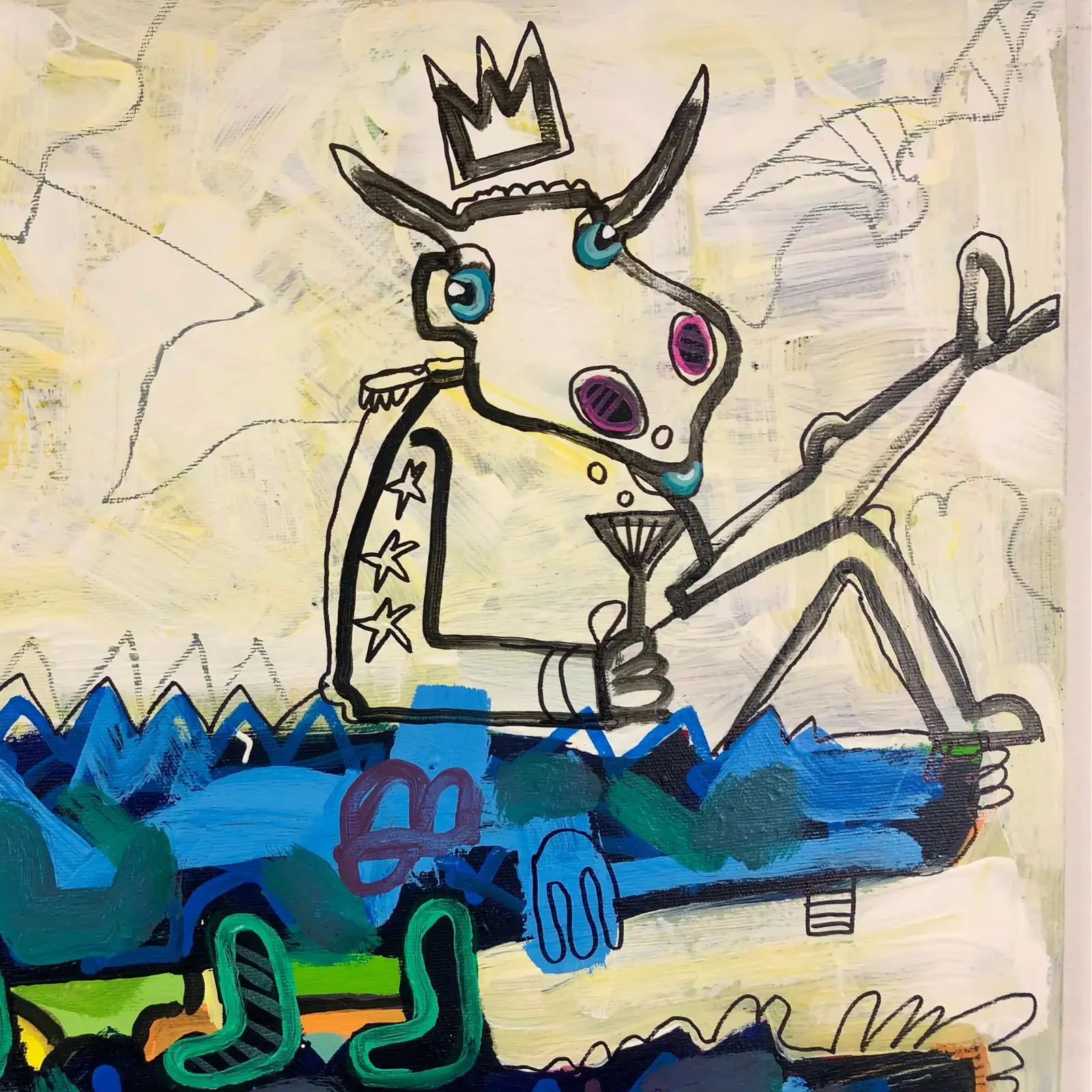 Detail gekrönte Figur mit Stab, Pop Art Acrylgemälde King of the Blue Herd, Fredi Gertsch, 2021