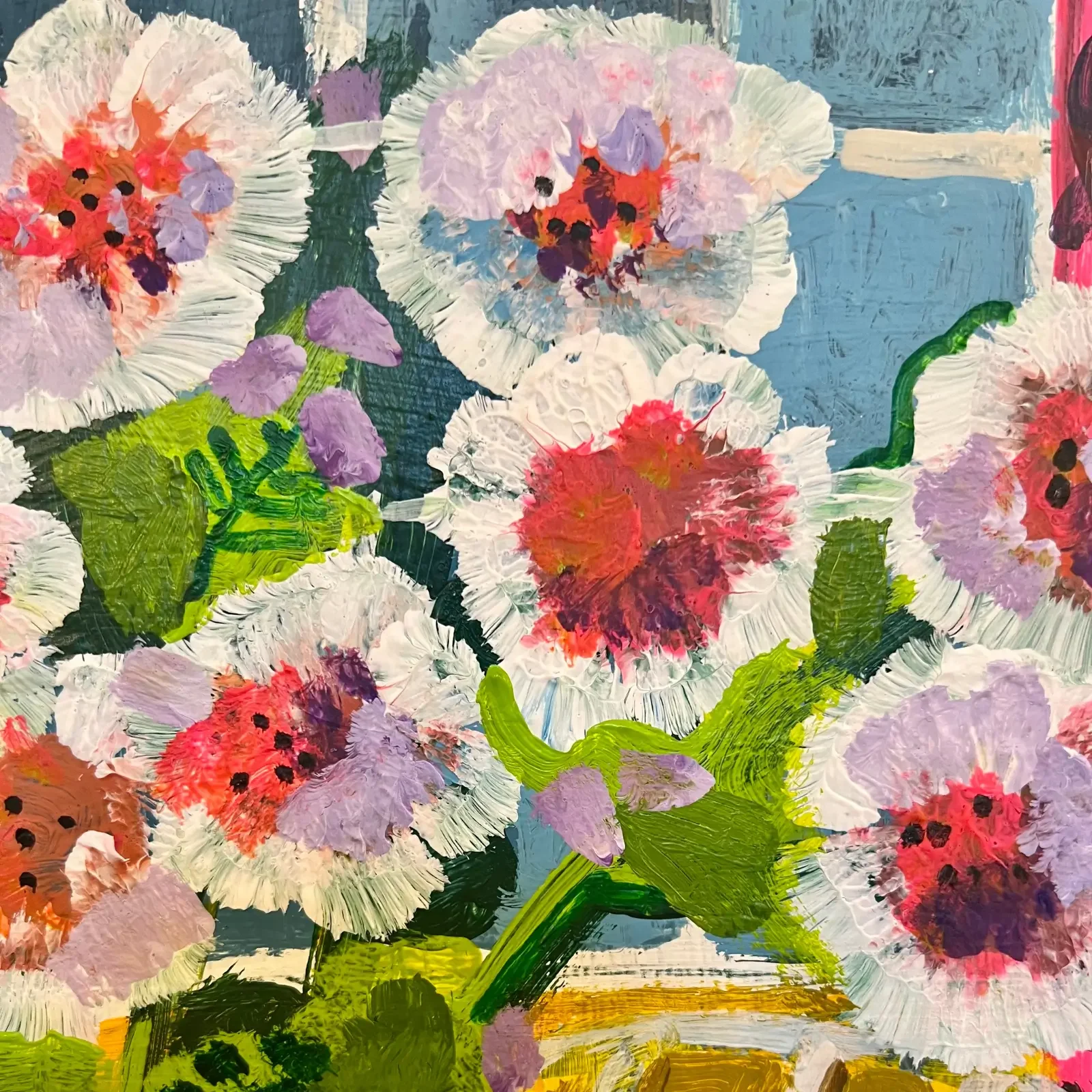 Detail Mohnblumenstrauss, Pop Art Acrylgemälde Tea Time im Blütenzimmer, Fredi Gertsch, 2024