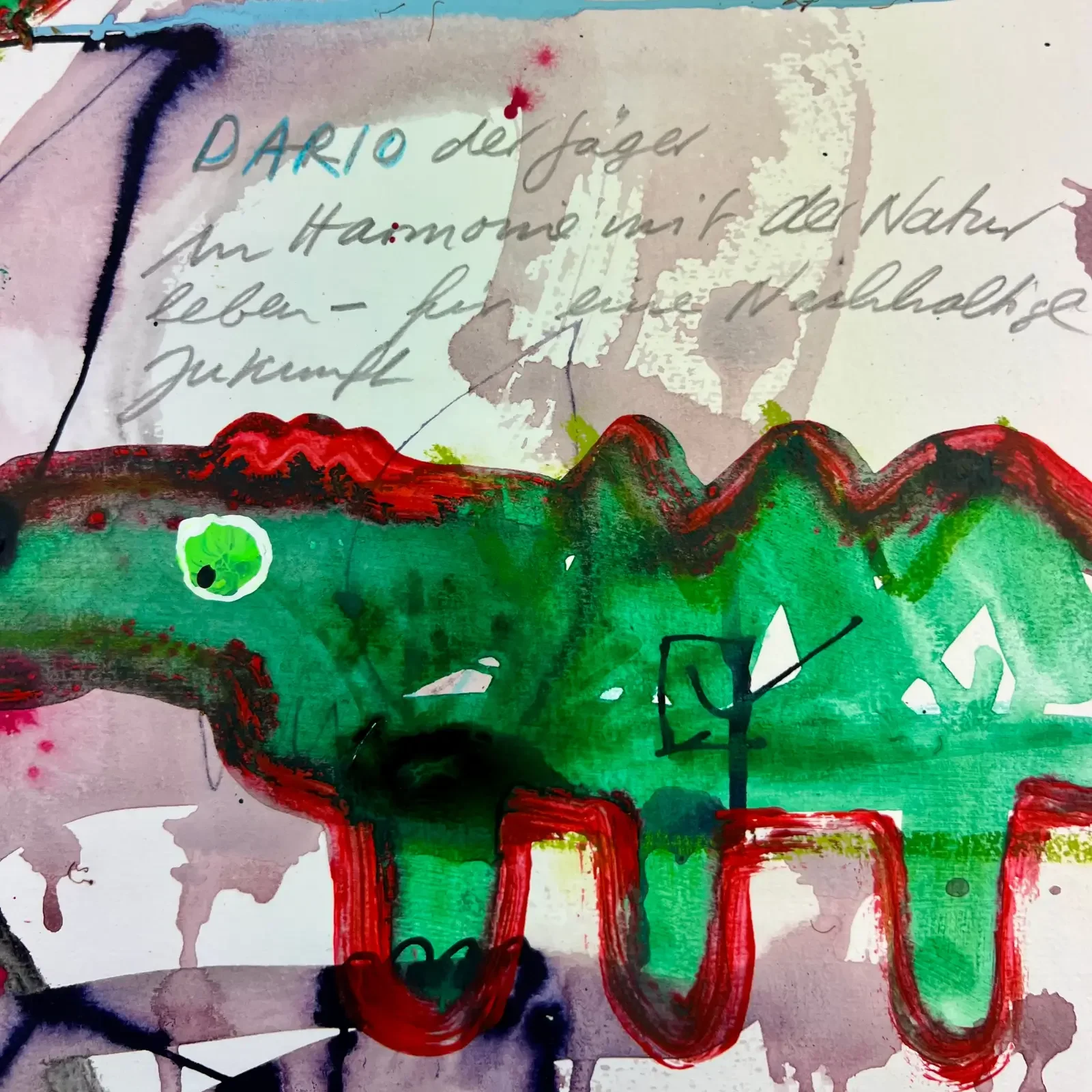 Detail Krokodil und Textfragment, Mixed Media Pop Art Crocodile Notes, Fredi Gertsch, 2024