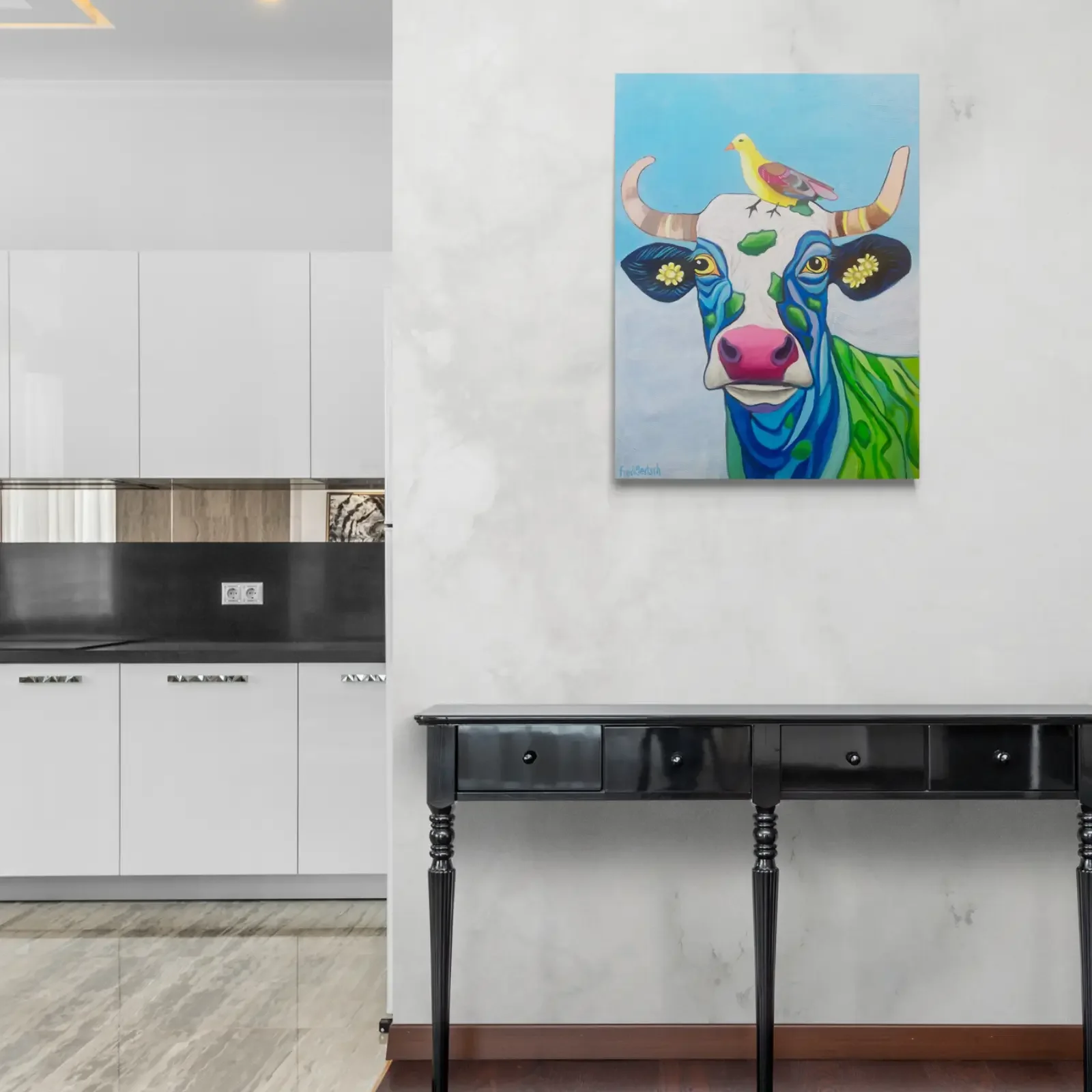 Sunshine & Friends, Pop Art Acrylgemälde von Fredi Gertsch, Wandbild in heller Küche, Schweizer Kunst, 2023