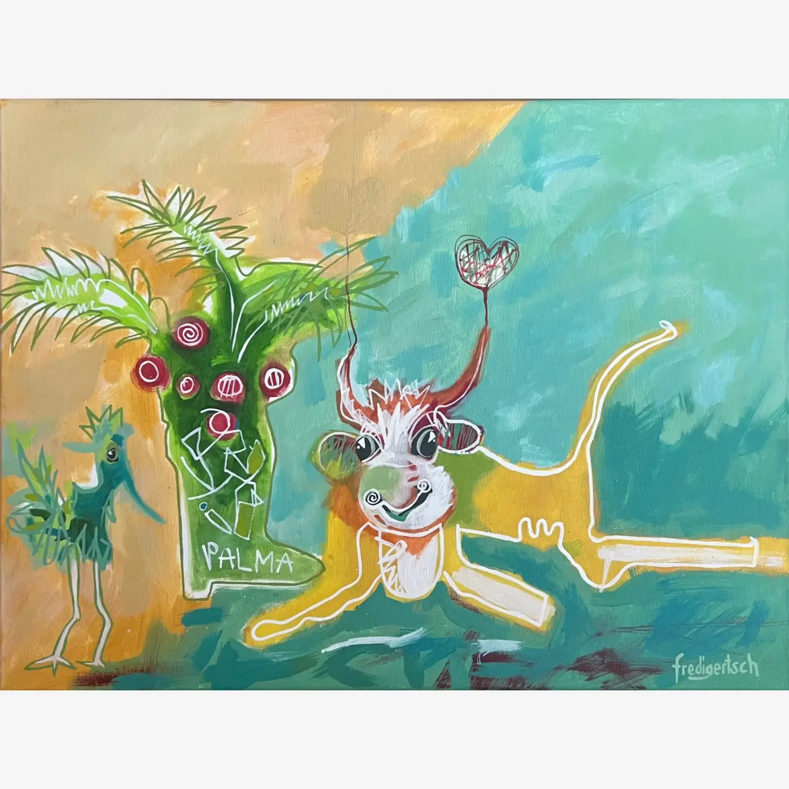 La Paloma, Palma und Paulchen, Pop Art Acrylgemälde auf Leinwand mit Kuh, Palme, Blumen und Vogel, Fredi Gertsch, 2015