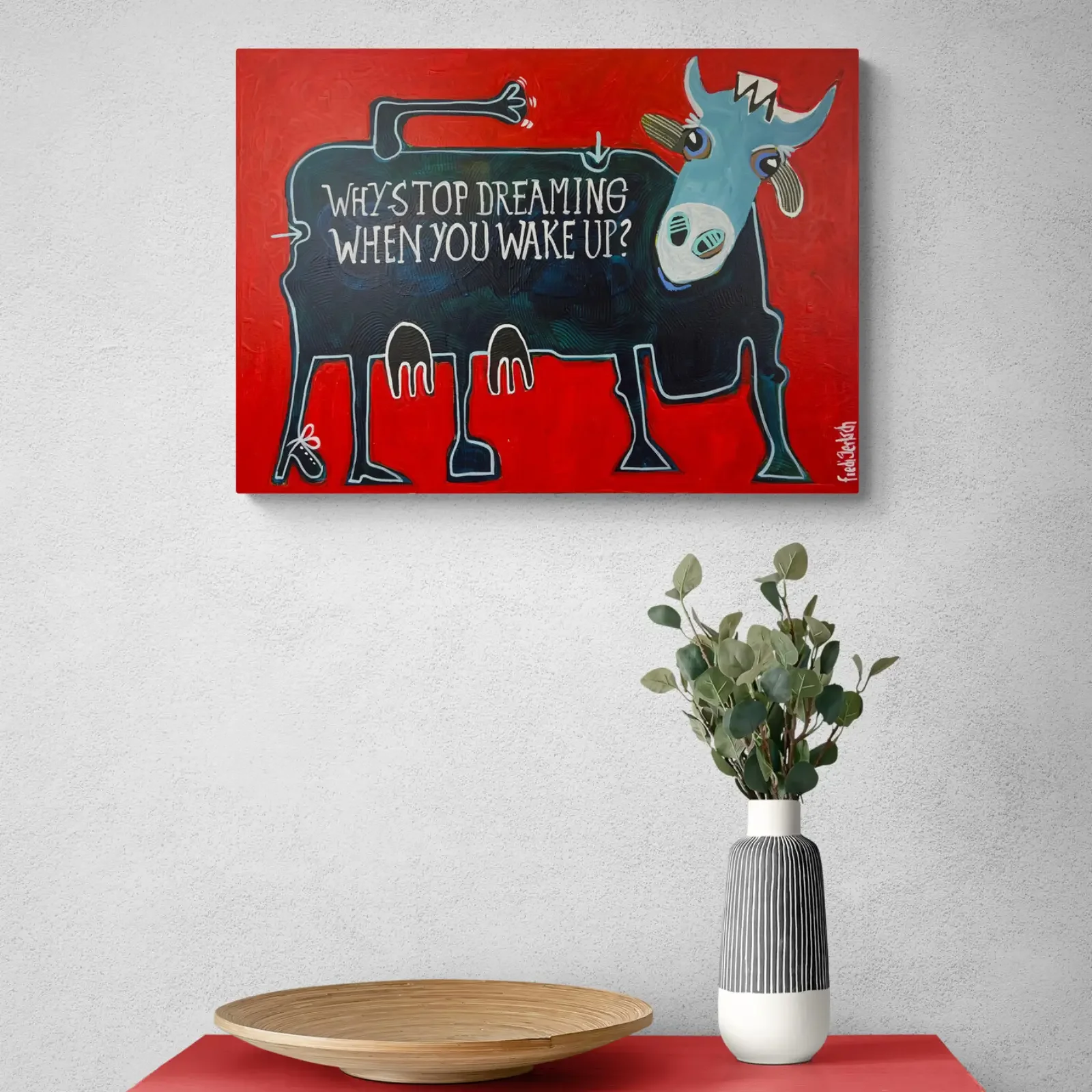 Dreaming in Red, Pop Art Acrylgemälde von Fredi Gertsch, Wandbild im Homeoffice, Schweizer Kunst, 2024