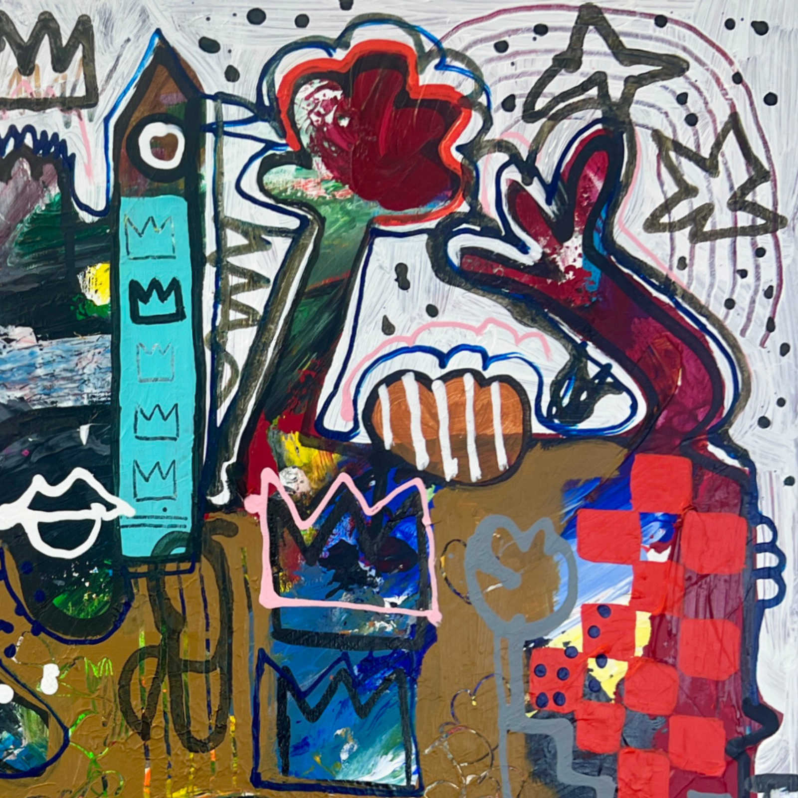 Detail von The Crowned Crowd mit gekrönten Figuren, Tierformen, schwarzen Linien und kräftigen Farben