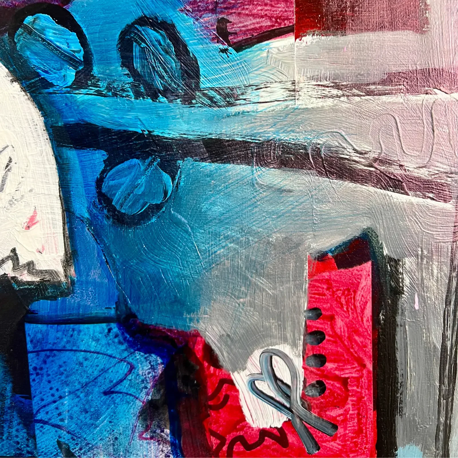 Detail blaue und rote Akzente, Pop Art Acrylgemälde VogelLisi Sternenzauber, Fredi Gertsch, 2025
