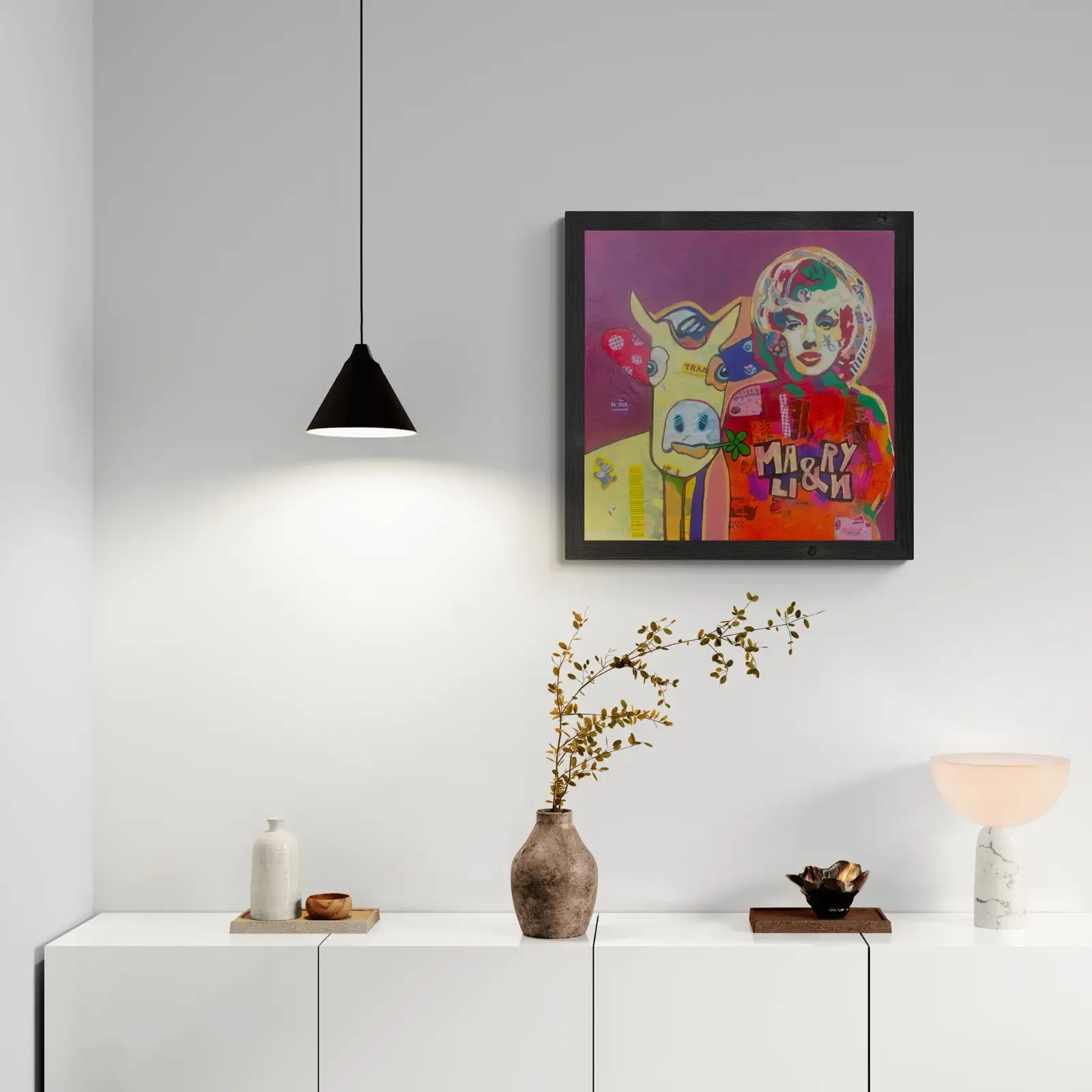 Baby Marilyn von Fredi Gertsch, Pop Art Acrylgemälde als Wandbild im modernen Wohnzimmer, 2024