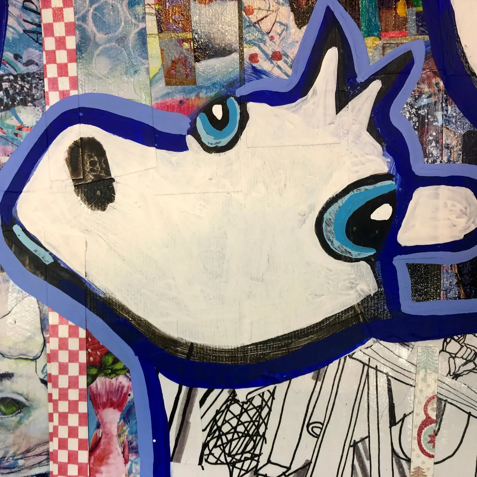 Detail Kuhkopf mit blauen Akzenten, Acryl Collage We Are Family – Blue Harmony Edition, Fredi Gertsch, 2020