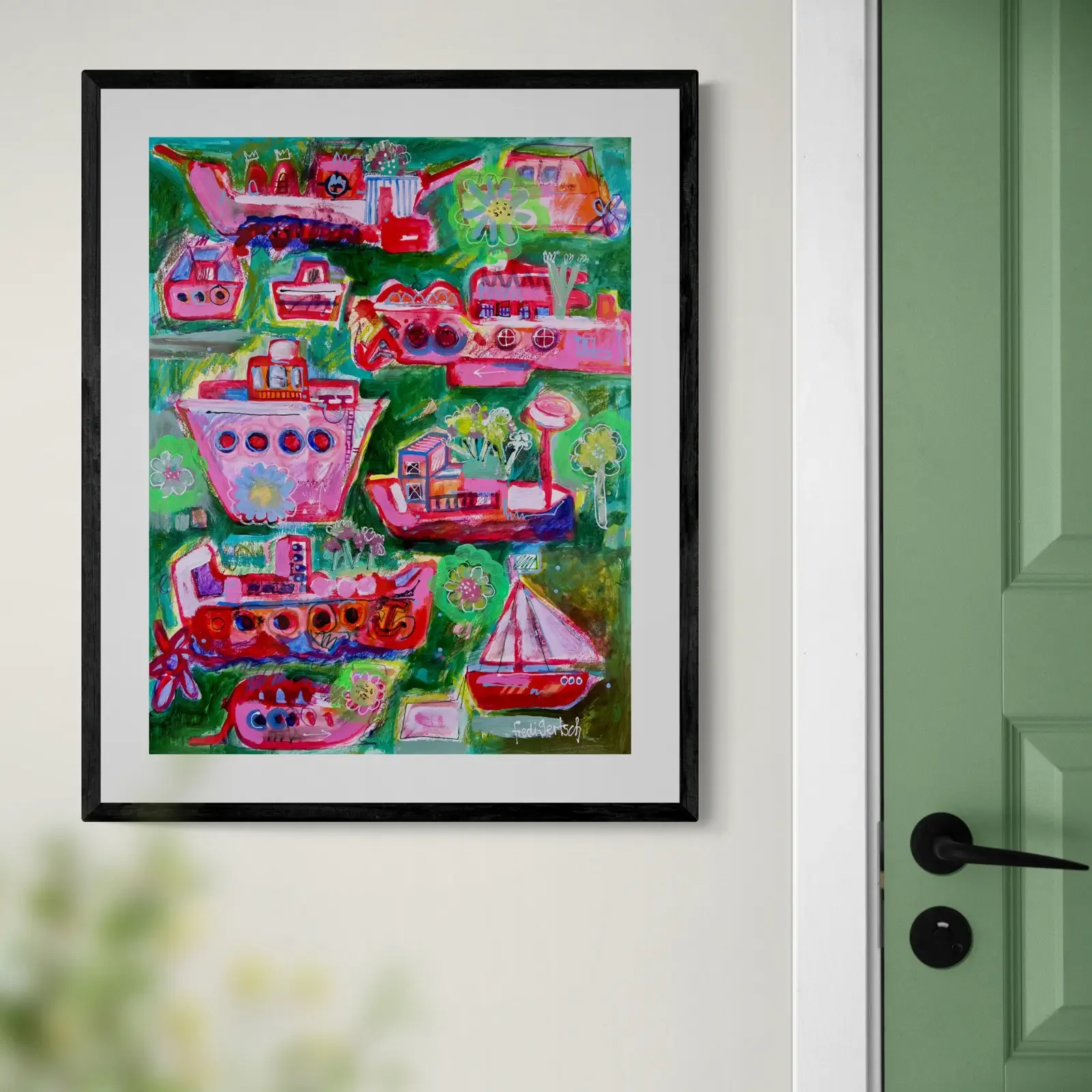 Schiff ahoi im Blütenmeer von Fredi Gertsch, Pop Art Acrylgemälde als Wandbild im modernen Flur, 2024