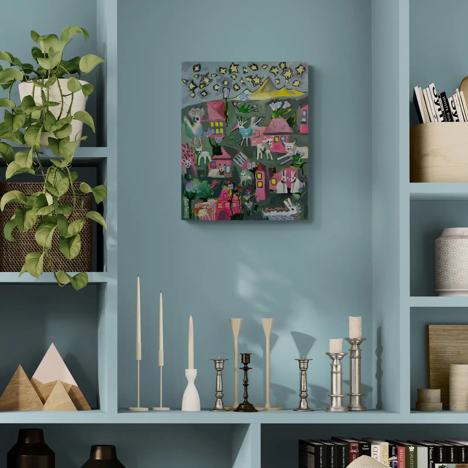 Wo die Sterne wohnen, Pop Art Acrylgemälde von Fredi Gertsch, Wandbild im Bücherregal, Schweizer Kunst, 2024