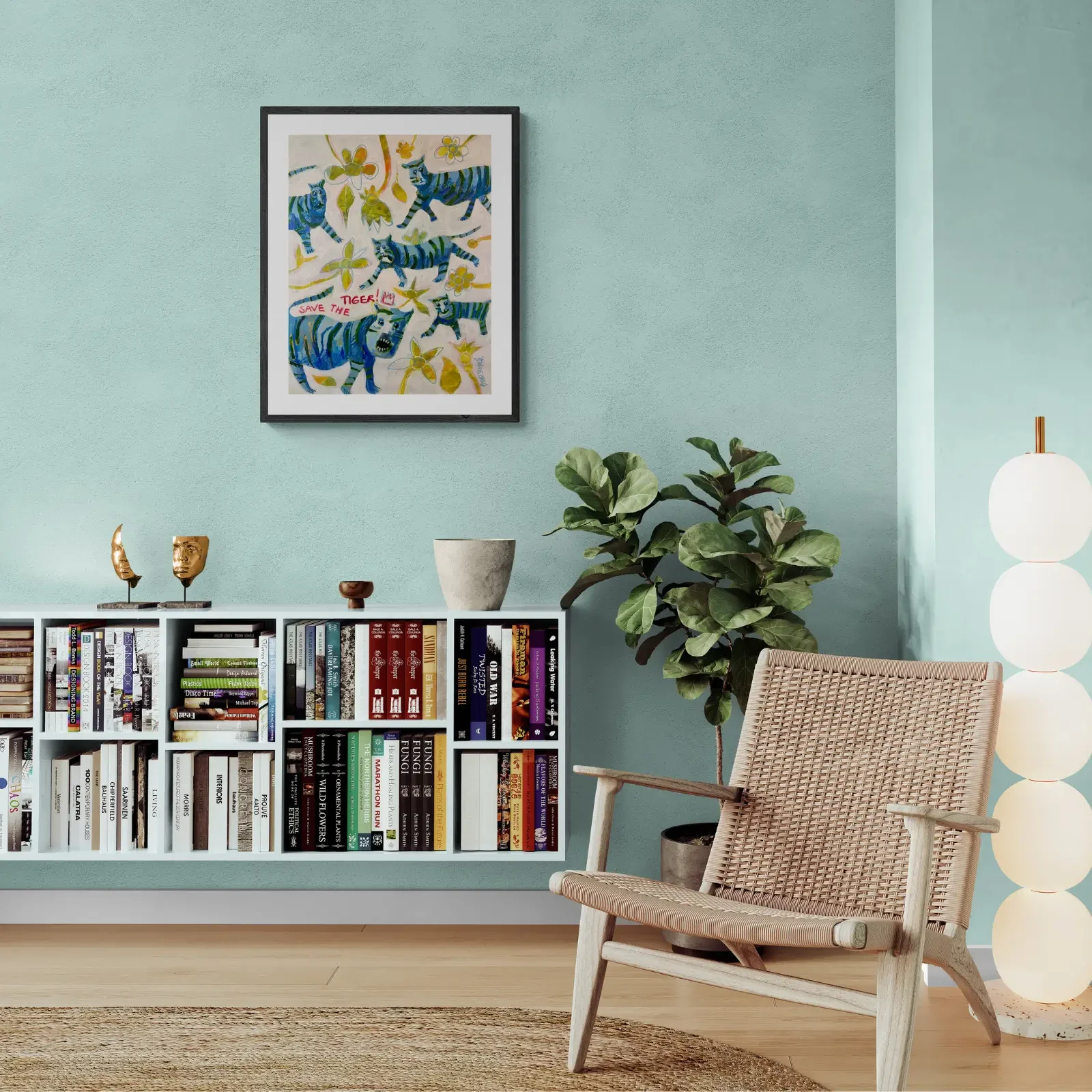 Save The Blue Tiger, Pop Art Acrylgemälde von Fredi Gertsch, Wandbild im Wohnzimmer, Schweizer Kunst, 2024