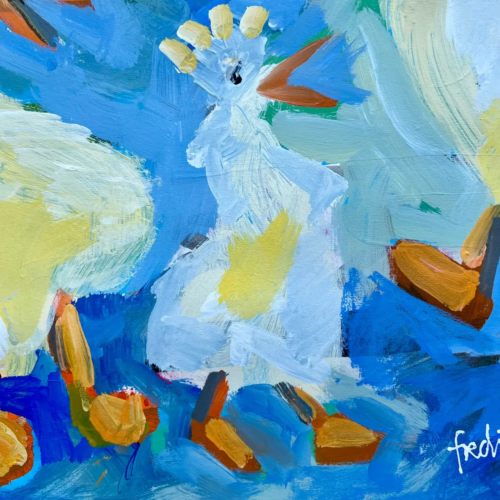 Detail fliegender Vogel, Pop Art Acrylgemälde Vogeltanz im Himmelblau, Fredi Gertsch, 2024