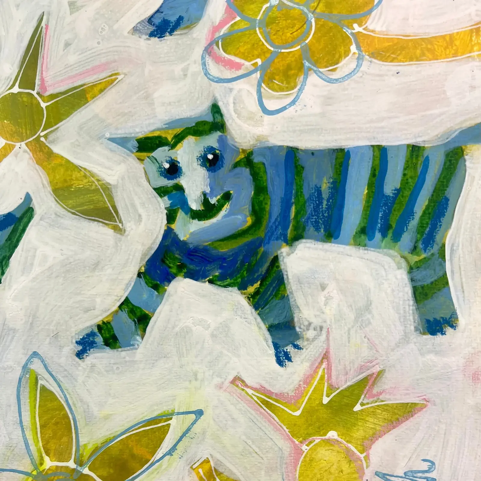 Detail blauer Tiger mit gelben Blüten, Pop Art Acrylgemälde Save The Blue Tiger, Fredi Gertsch, 2024