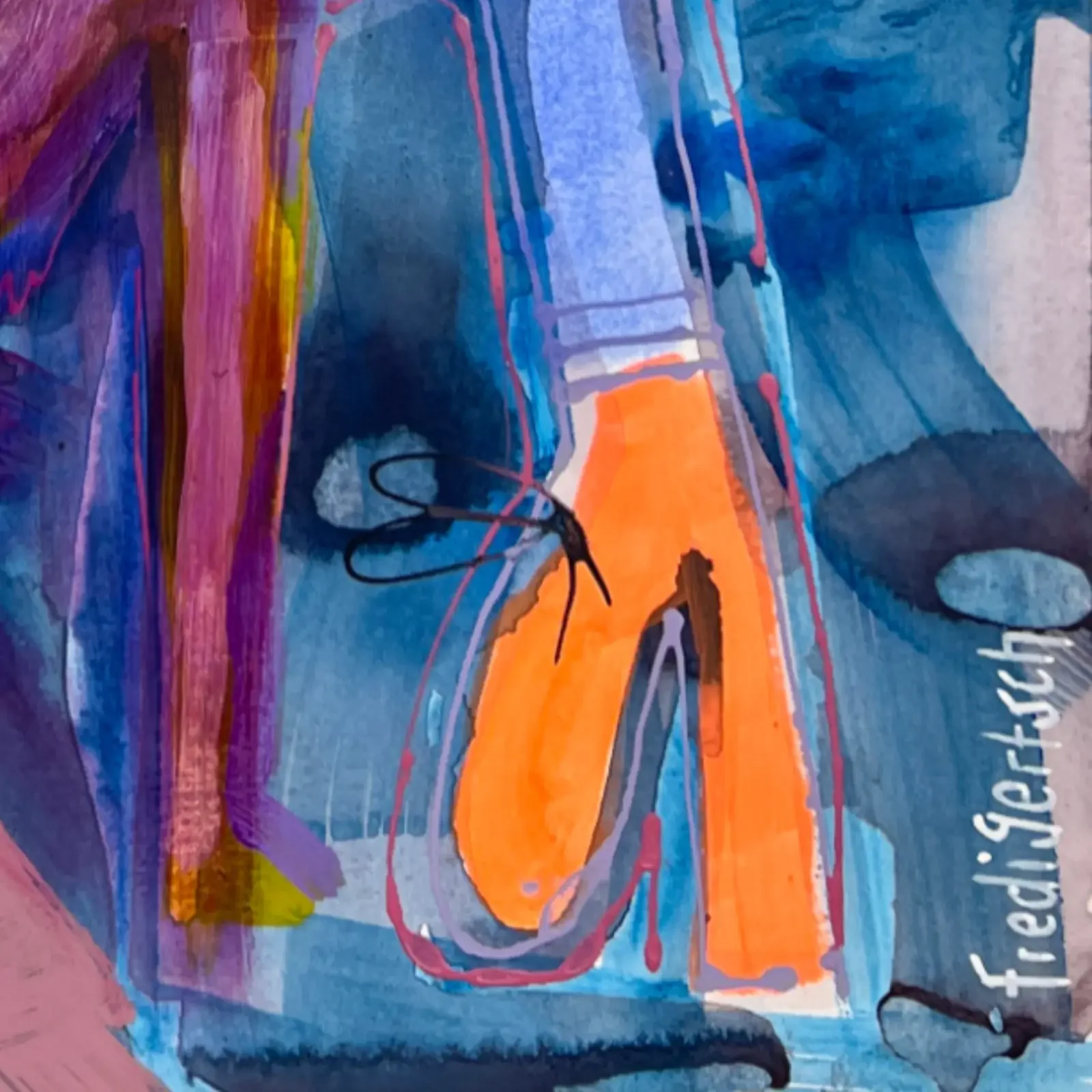 Detail Signatur und grafische Muster, Pop Art Acrylgemälde VogelLisi – Pink Royal, Fredi Gertsch, 2026