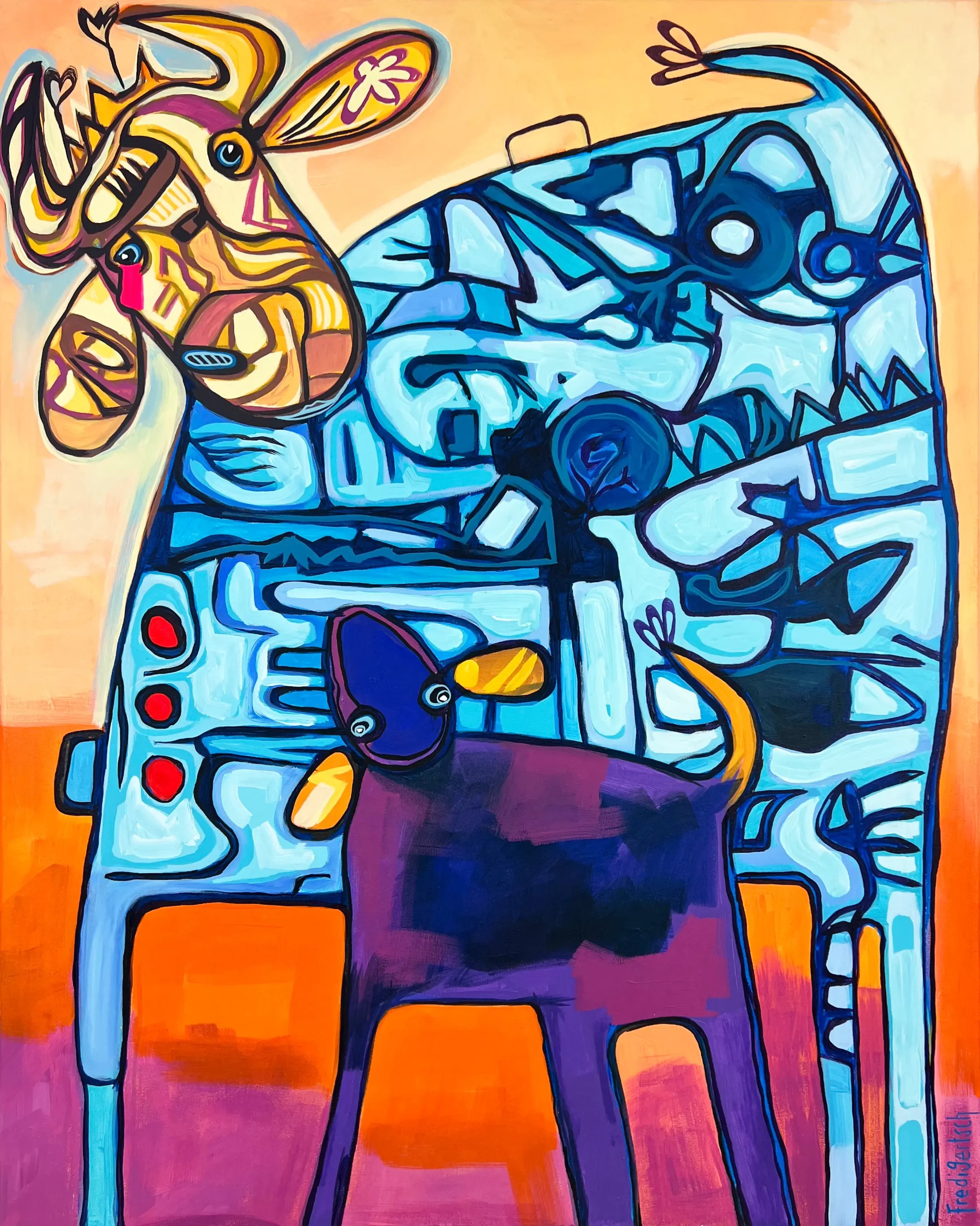 Farbenfrohes Pop-Art-Gemaelde von Fredi Gertsch: grosse blaue Kuh mit kleiner Kuh (Familie), warmes orangefarbenes Hintergrundlicht.