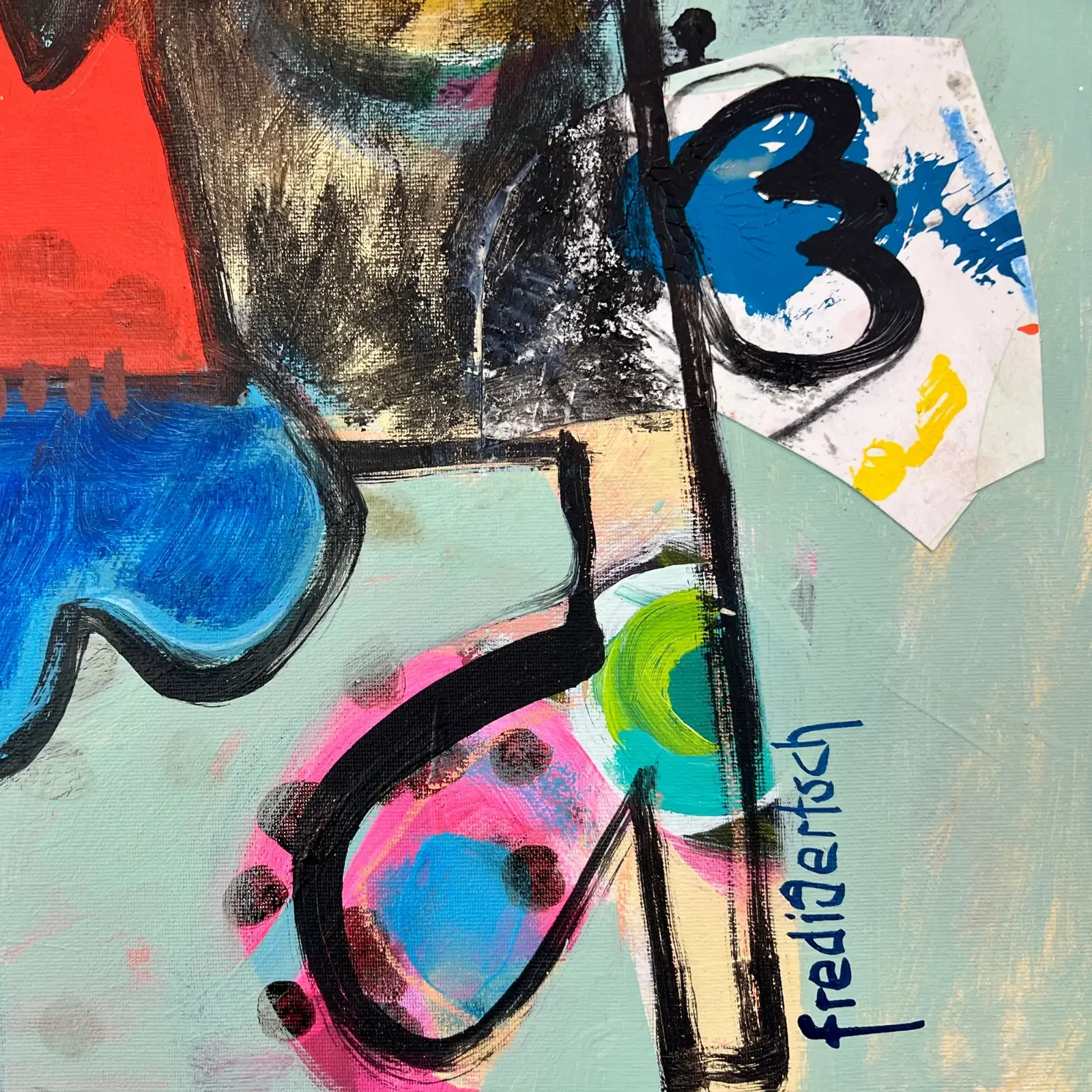 Detail Signatur und bunte Linien, Pop Art Acrylgemälde On Sunday Milks The Church, Fredi Gertsch, 2026