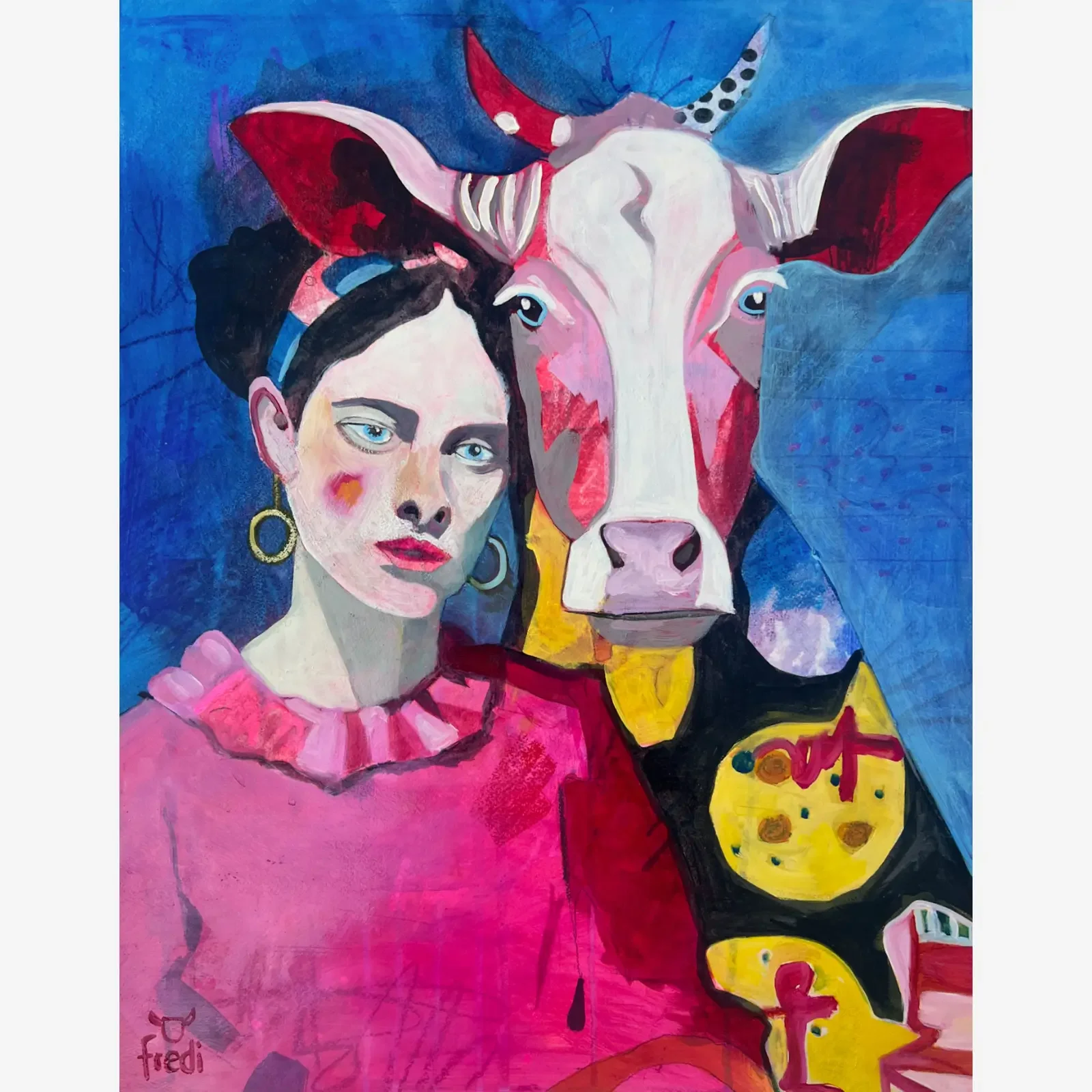 Pink Power, Pop Art Acrylgemälde auf Papier mit Frau, Kuh und pink-blauen Farbakzenten, Fredi Gertsch, 2023