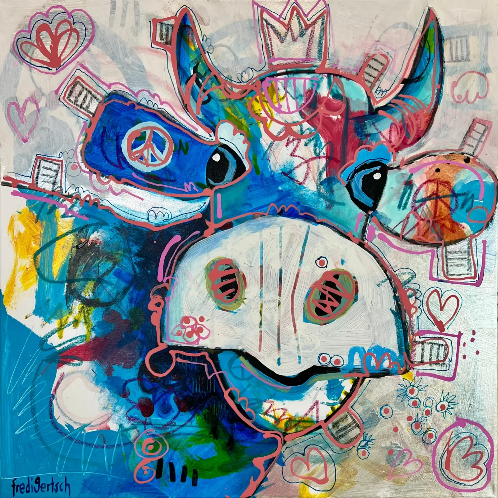 VogelLisi – Blue Harmony, Pop Art Acrylgemälde auf Leinwand mit blauer Kuh, Krone, Peace-Zeichen und Herzen, Fredi Gertsch, 2026