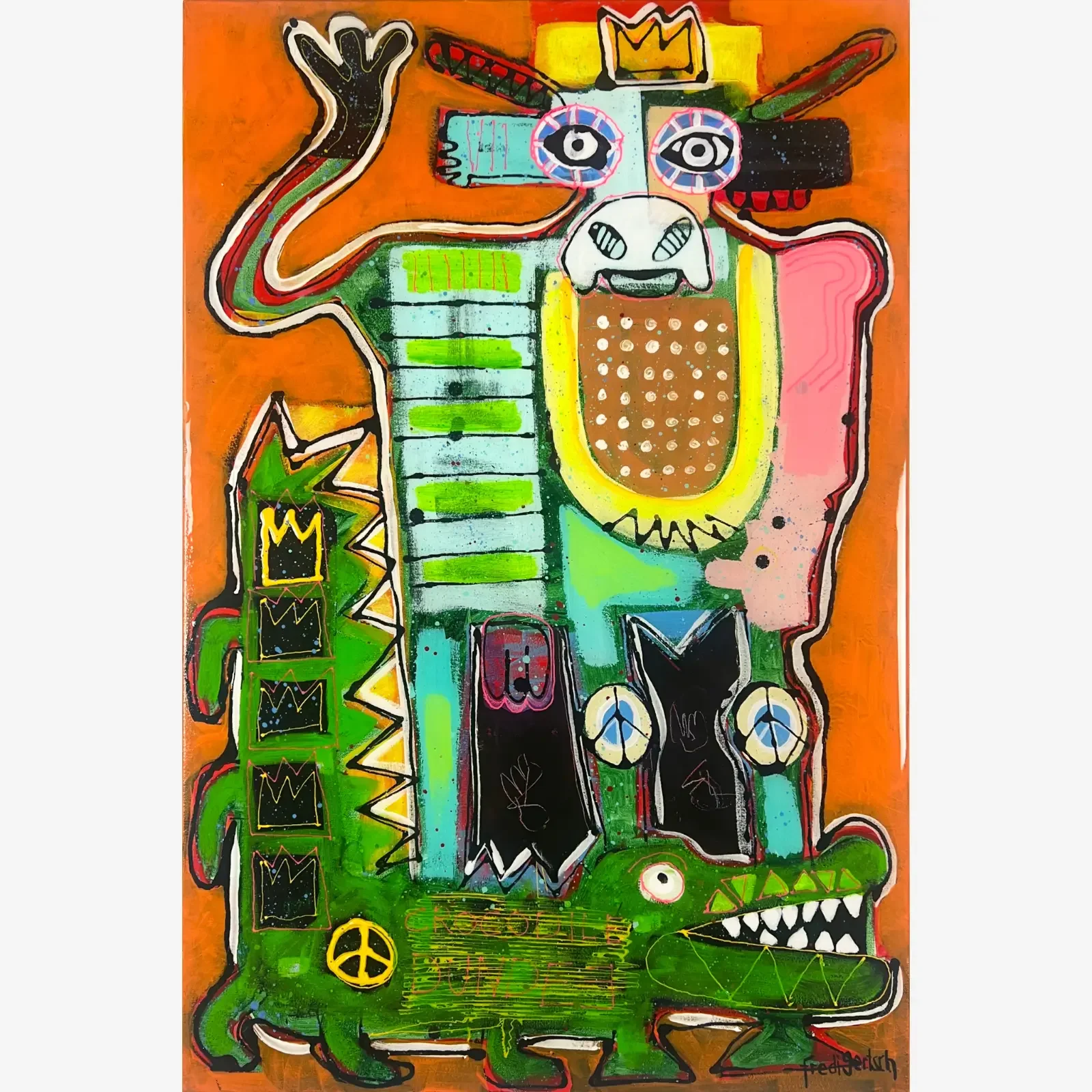 Crocodile Dundee, Pop Art Acrylgemälde auf Leinwand mit Kuh, Krone und Krokodil, Neonfarben, Acrylharz versiegelt, Fredi Gertsch, 2024