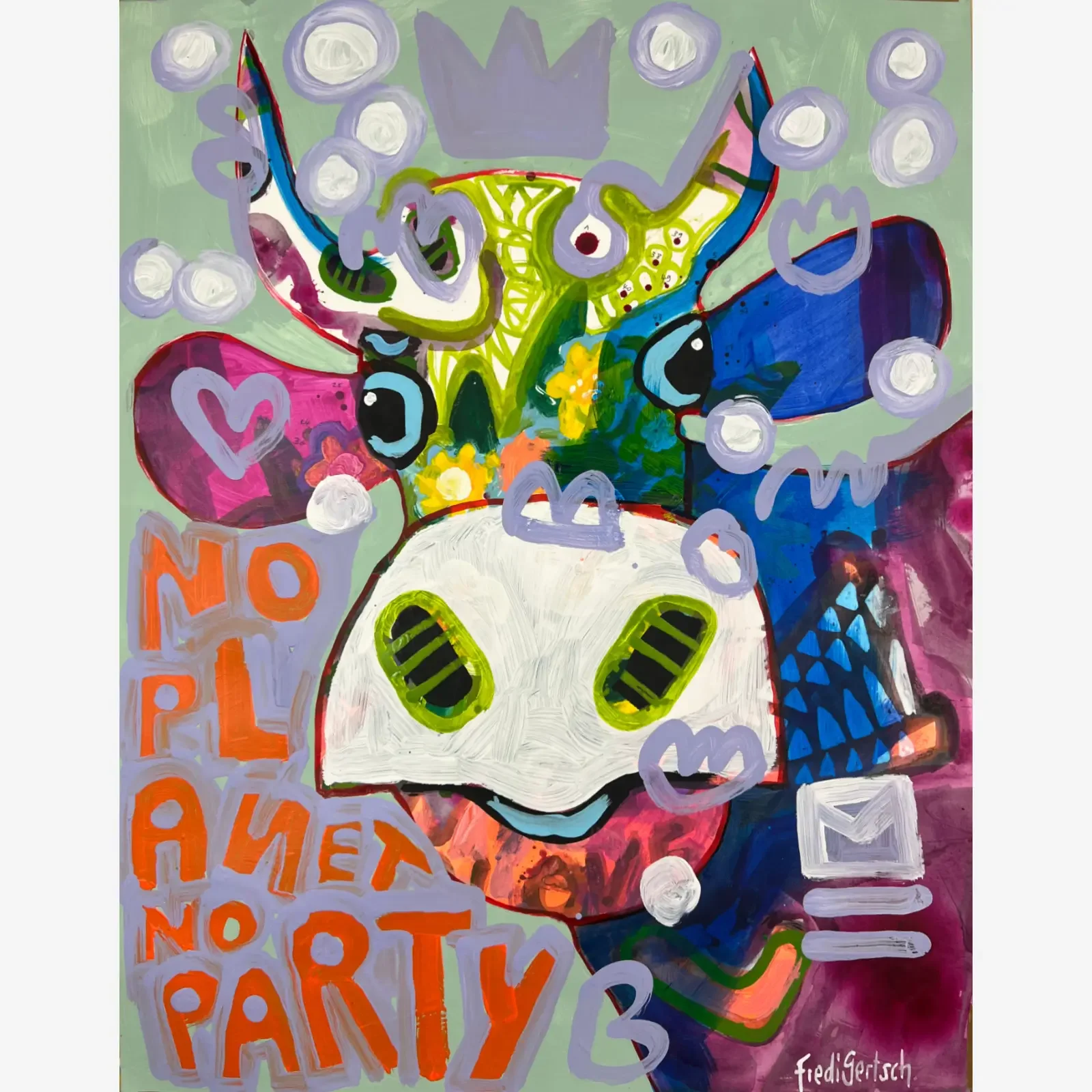 VogelLisi – No Planet, No Party, Pop Art Acrylgemälde auf Papier 50 x 64 cm mit VogelLisi, Krone, Punkten und Statement-Text, Fredi Gertsch, 2026