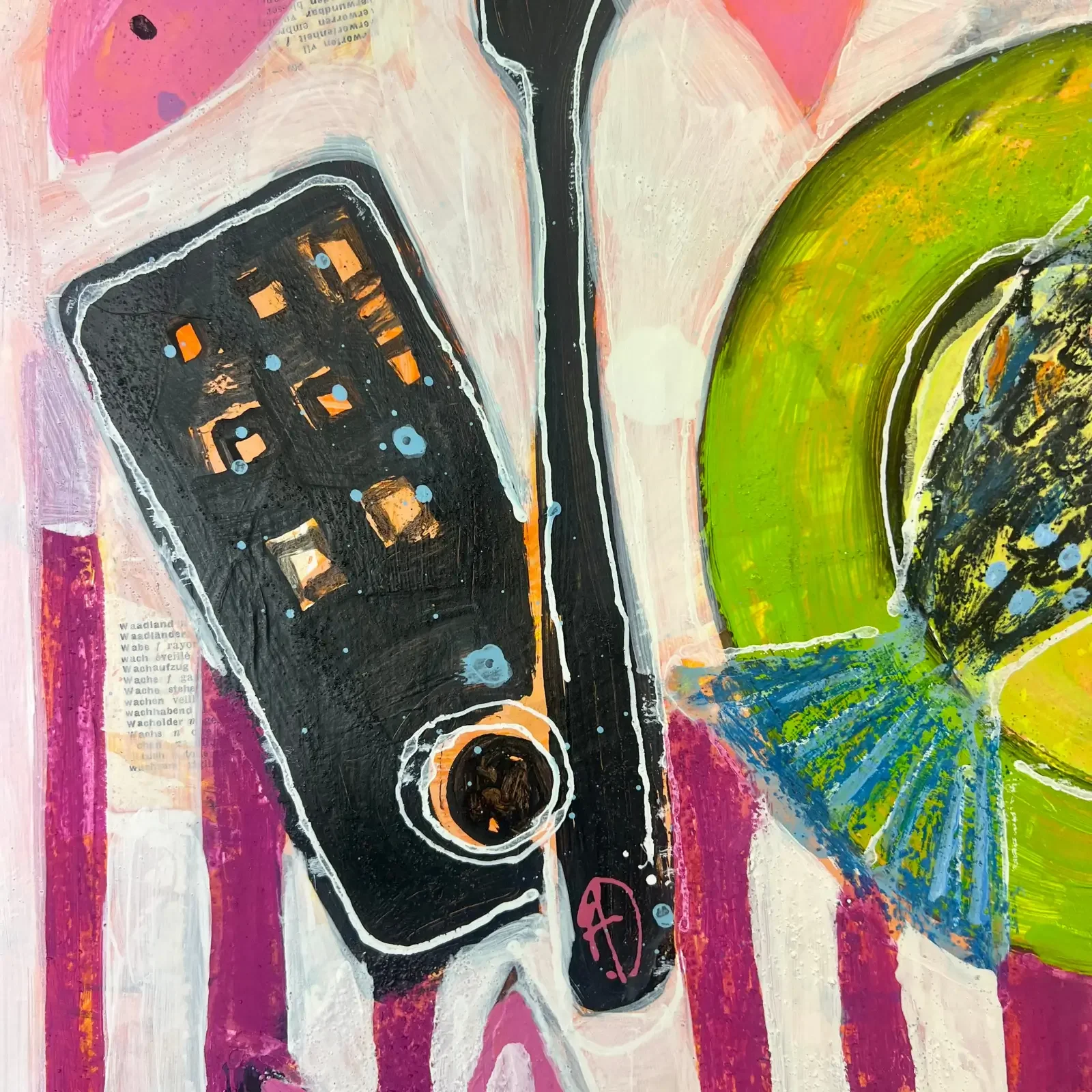 Detail Fernbedienung, Limette und Fisch, Pop Art Acrylgemälde Katerfrühstück, Fredi Gertsch, 2024