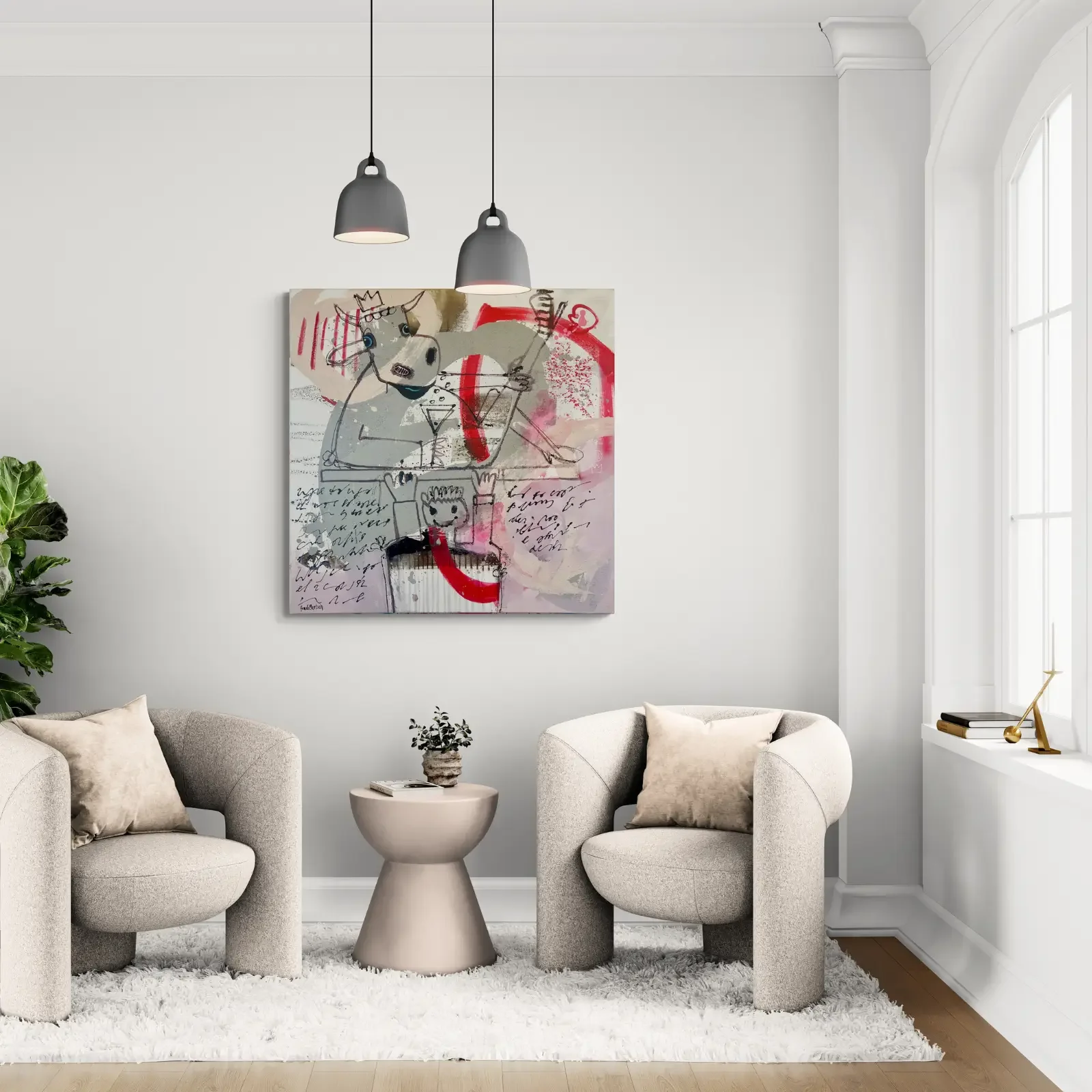 It’s A Tricky Situation, Pop Art Acrylgemälde von Fredi Gertsch, Wandbild im modernen Raum, Collage-Stil, 2024