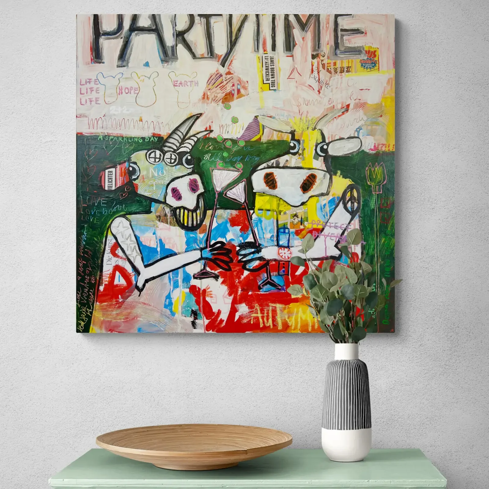 Partytime, Pop Art Acrylgemälde von Fredi Gertsch, Wandbild im modernen Raum, Schweizer Kunst, 2024