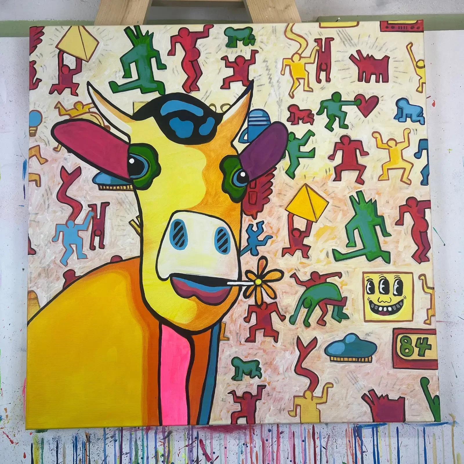 Detail gelbe Kuh mit blauen und pinken Akzenten, Pop Art Acrylgemälde Baby Meets Keith, Fredi Gertsch, 2024