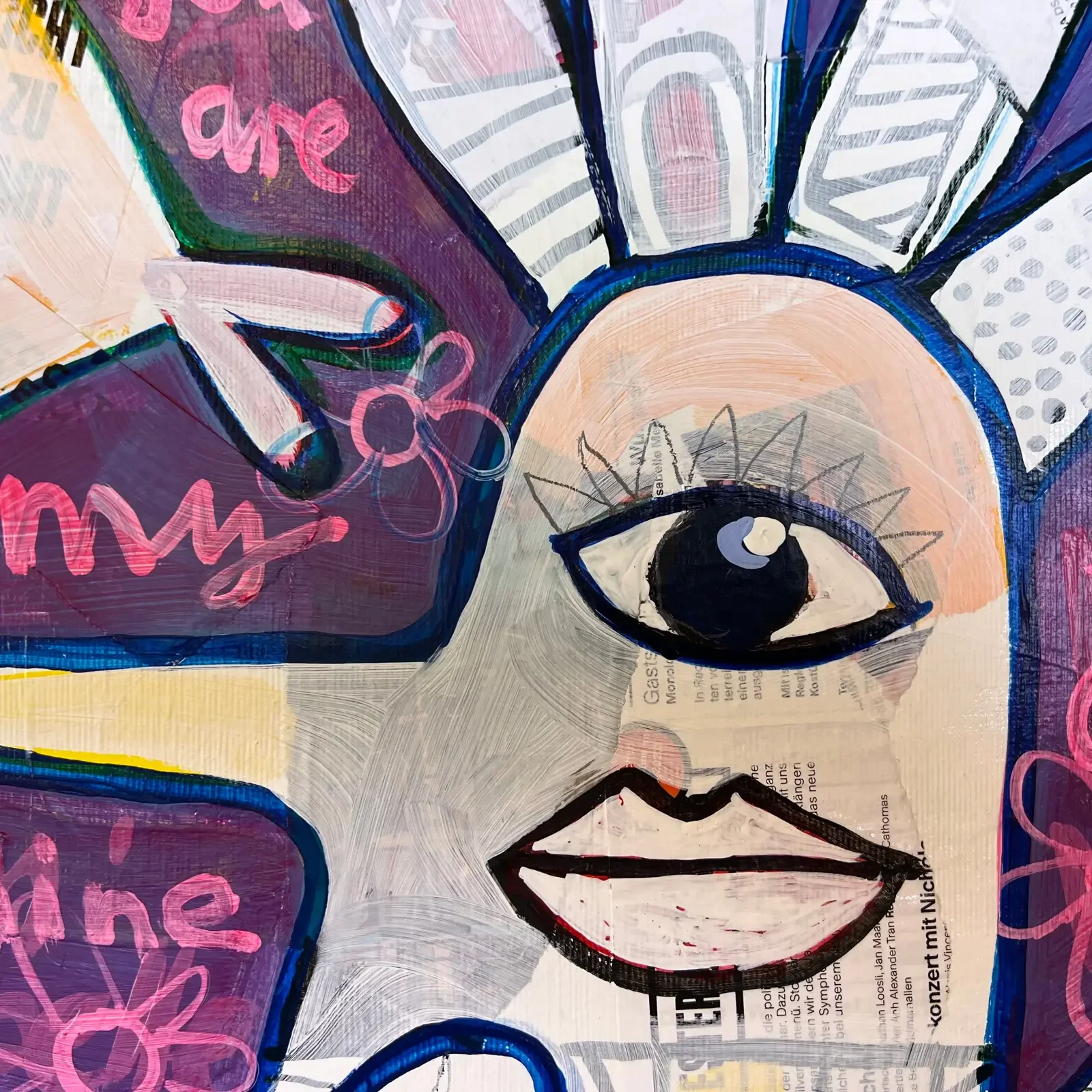 Detail Gesicht mit Auge und Lippen, Mixed Media Pop Art Gemälde Das Leben ist wie eine Schachtel Pralinen, Fredi Gertsch, 2023