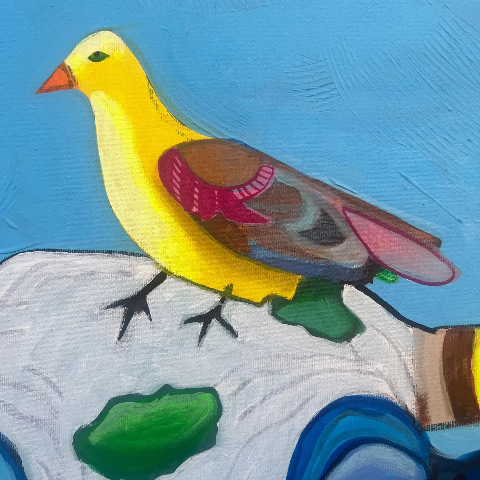 Detail gelber Vogel, Pop Art Acrylgemälde Sunshine & Friends, Fredi Gertsch, 2023