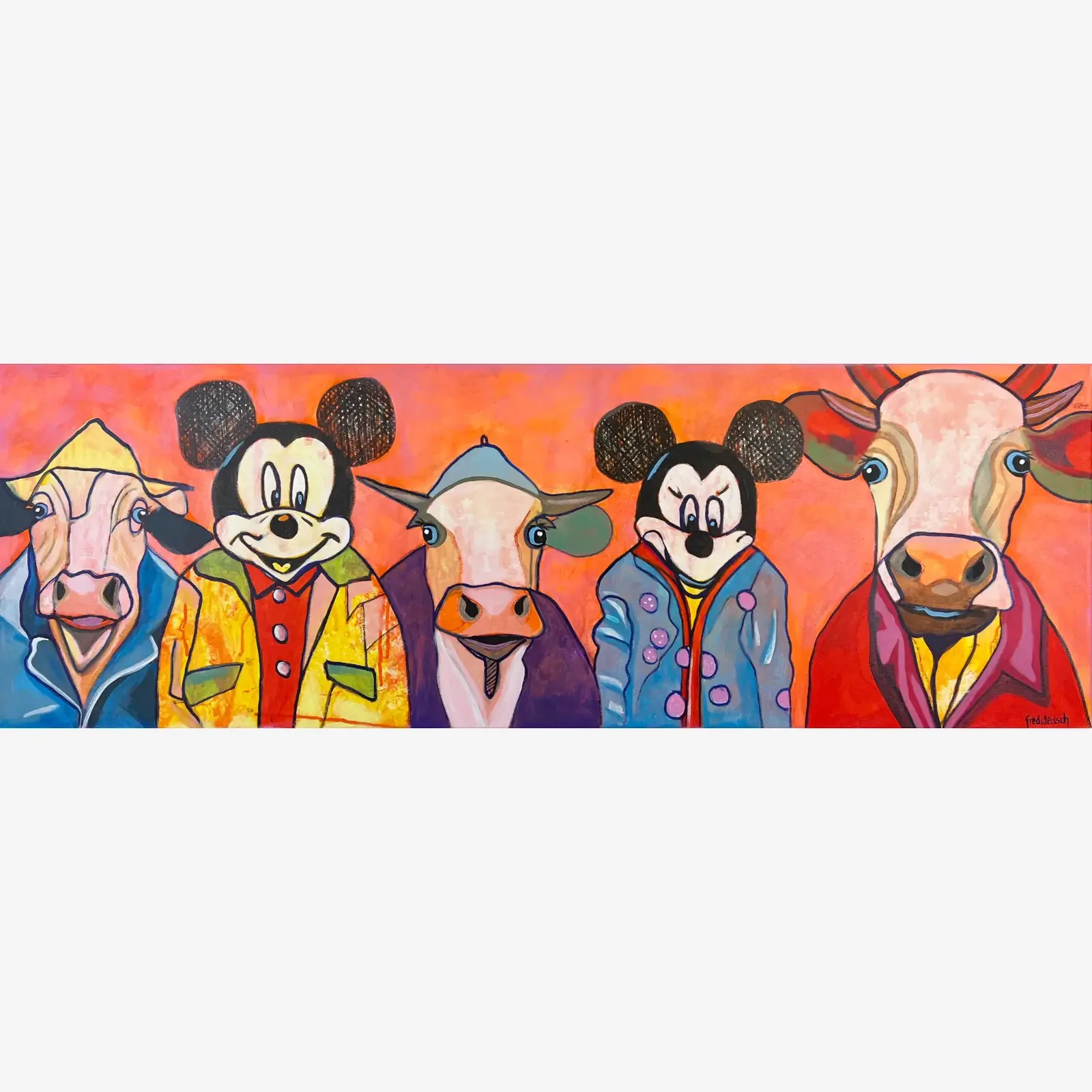 Friends With Benefits, Pop Art Acrylgemälde auf Leinwand mit vier Comic-Figuren im Mickey-Stil und Kuh, Fredi Gertsch, 2023