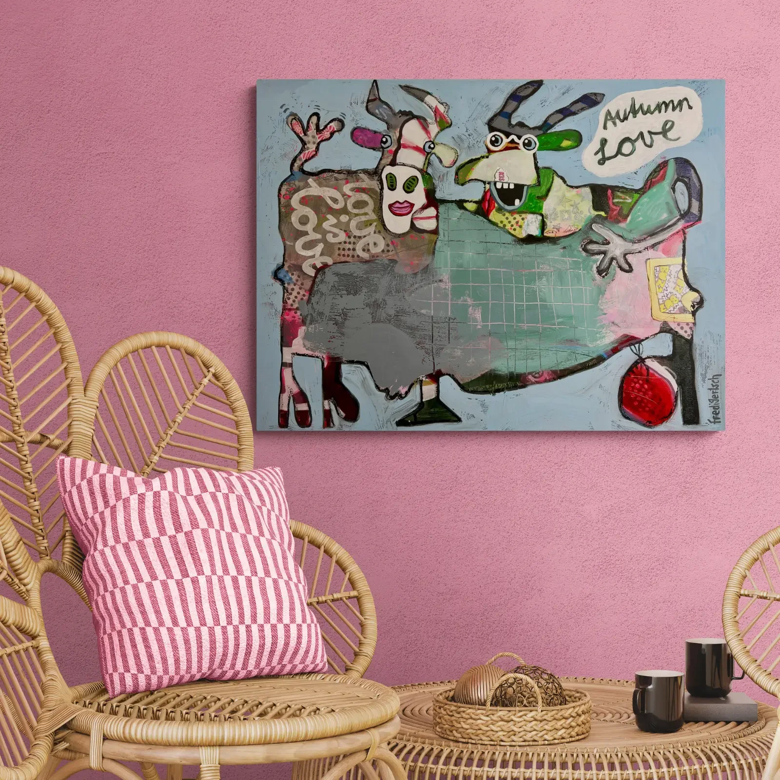 Autumn Love von Fredi Gertsch, Pop Art Acrylgemälde als Wandbild im modernen Wohnzimmer, 2025