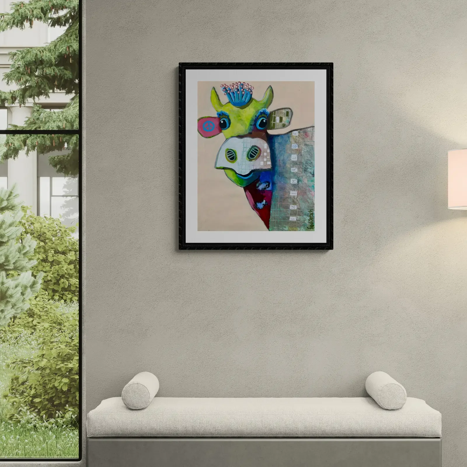 VogelLisi – Green Peace von Fredi Gertsch, Pop Art Acrylgemälde als Wandbild im modernen Flur, 2026