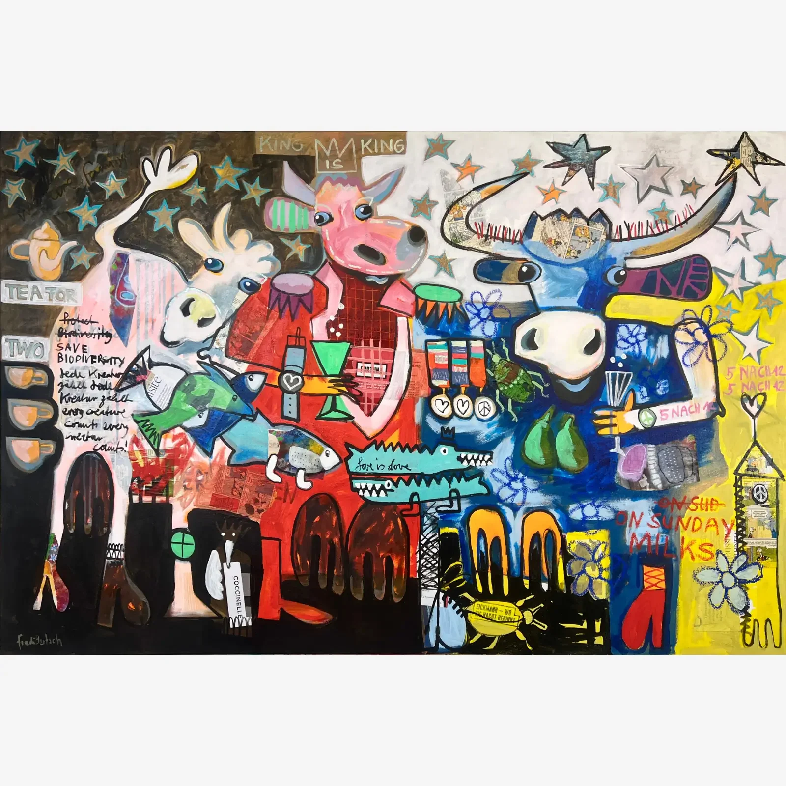 King Is King, Pop Art Acrylgemälde auf Leinwand mit zwei Kühen, Krone, Collage-Elementen und Botschaften, Fredi Gertsch, 2024