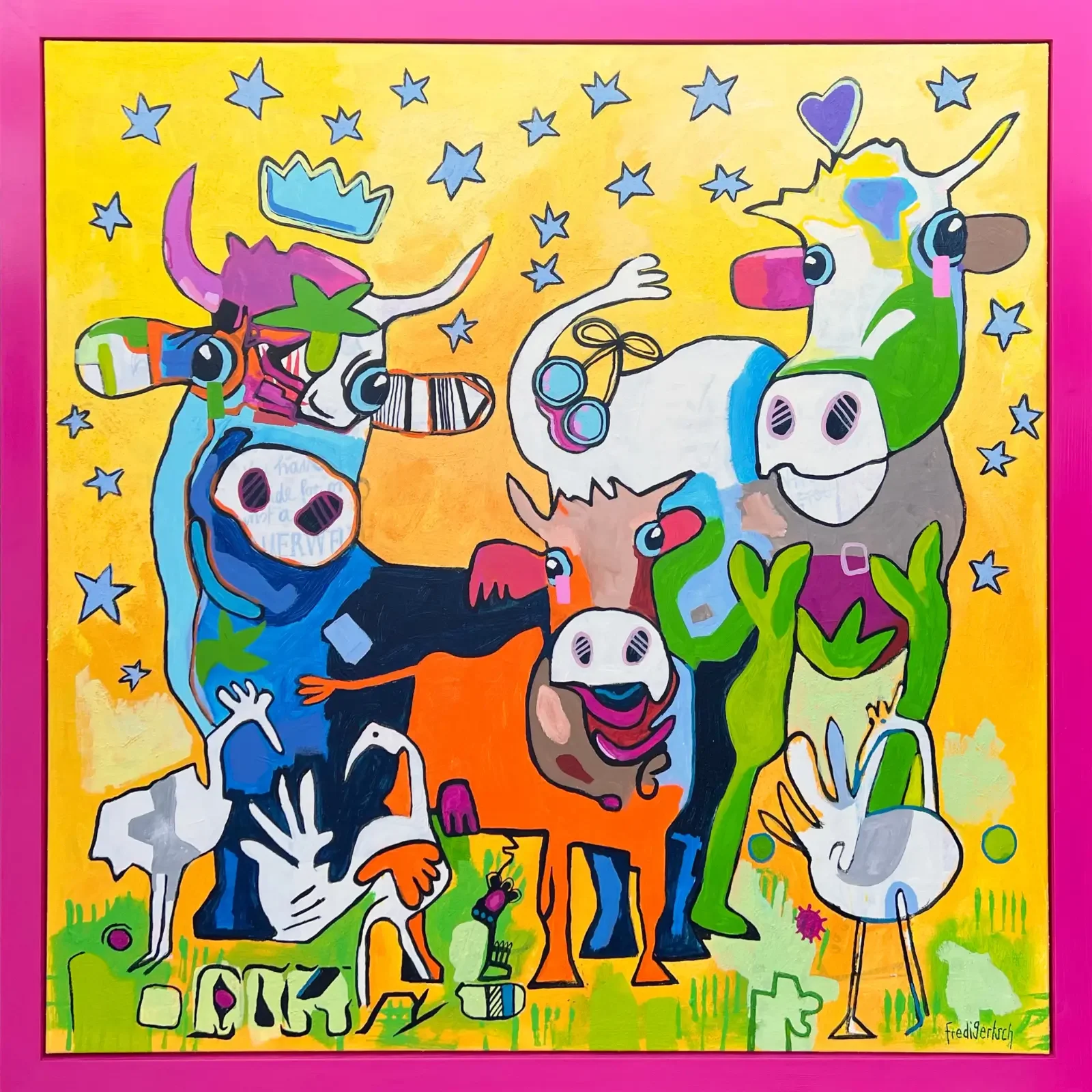 Karneval der Kühe, Pop Art Acrylgemälde auf Leinwand mit drei bunten Kühen, Hühnern, Sternen und pinkem Rahmen, Fredi Gertsch, 2022