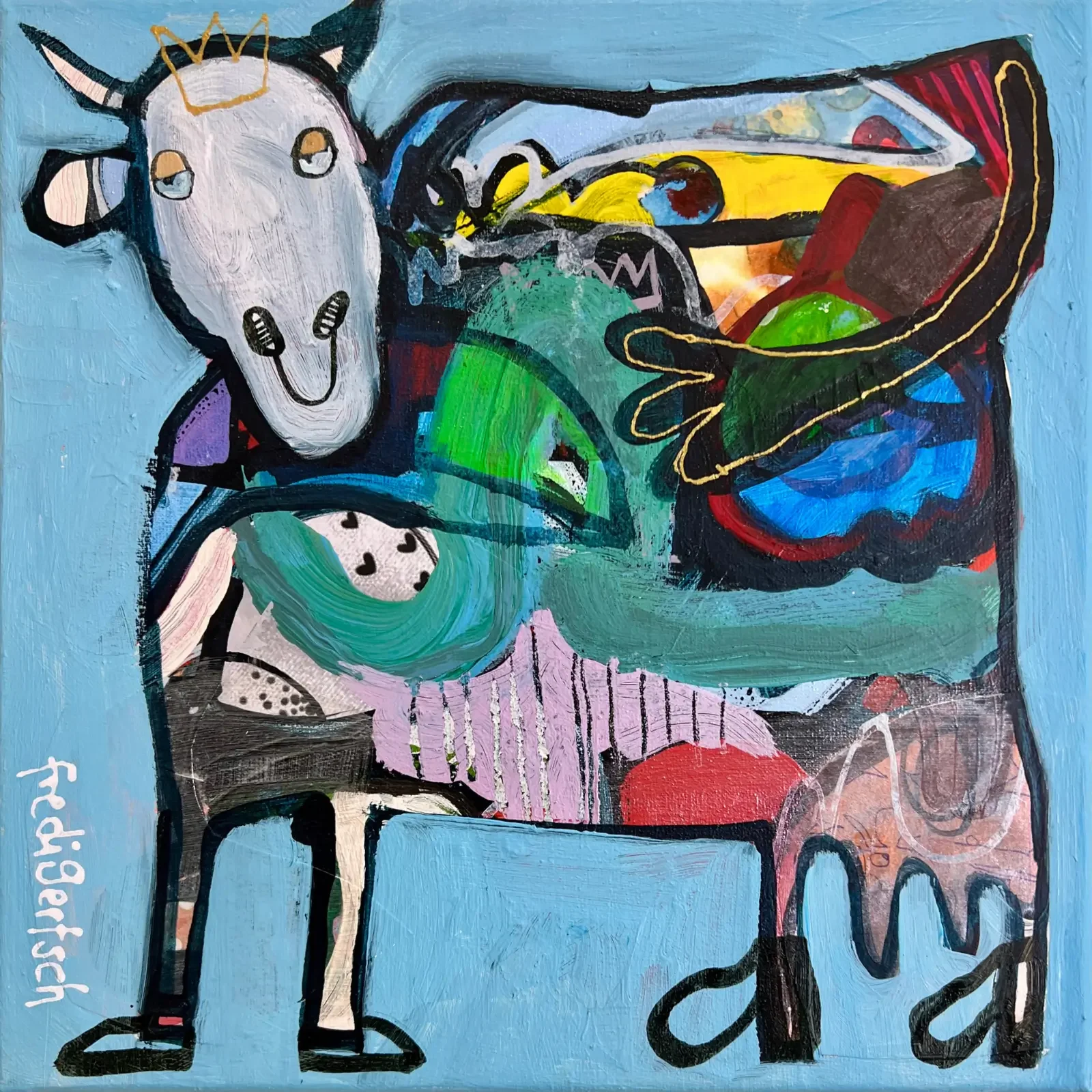Blue Crown Cow, Pop Art Acrylgemälde auf Leinwand 30 x 30 cm mit Kuh, Krone und blauem Hintergrund, Fredi Gertsch, 2026