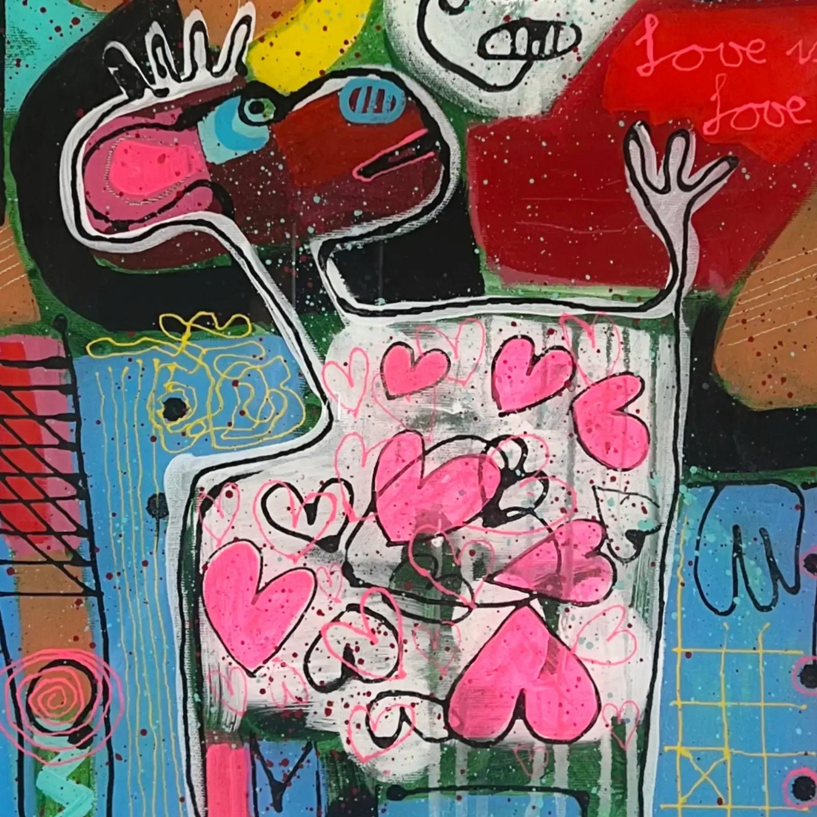 Detail Kalb mit rosa Herzen, Pop Art Acrylgemälde BabyMum – Love Is Love, Fredi Gertsch, 2024
