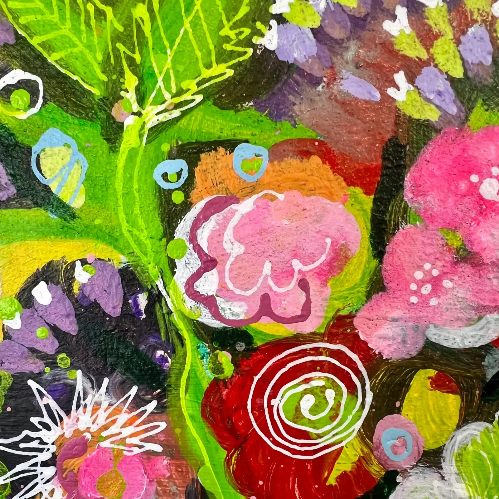 Detail bunte Blüten und Blätter, Pop Art Acrylgemälde Blumenfrühstück am Fenster, Fredi Gertsch, 2024