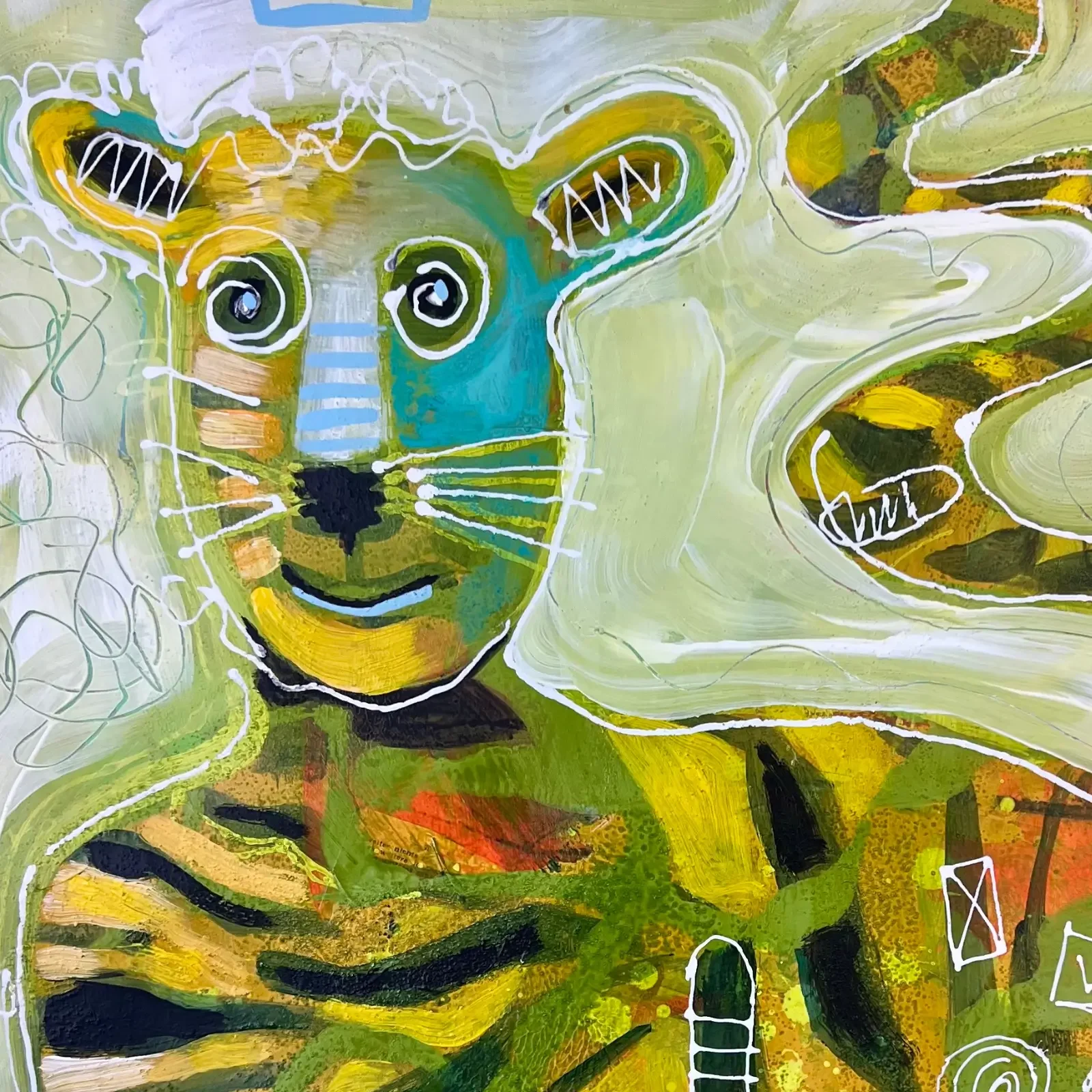 Detail Tigerkopf mit Spiralaugen, Pop Art Acrylgemälde TigerLilly, Fredi Gertsch, 2024