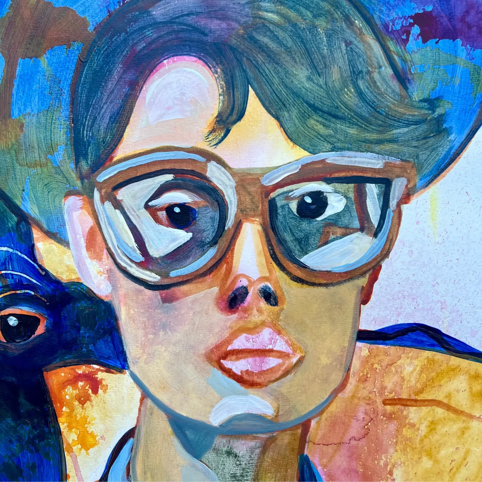 Detail Gesicht Frau mit großer Brille, Pop Art Acrylgemälde Power Women, Fredi Gertsch, 2024