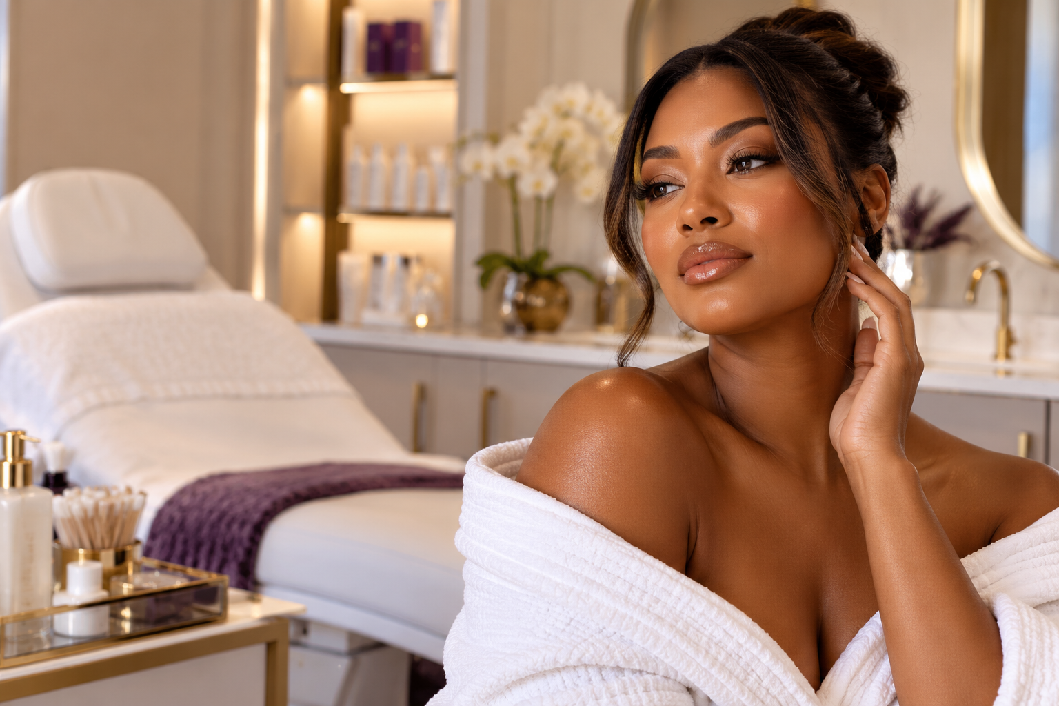 Woman relaxing in a spa setting with skincare products and flowers.