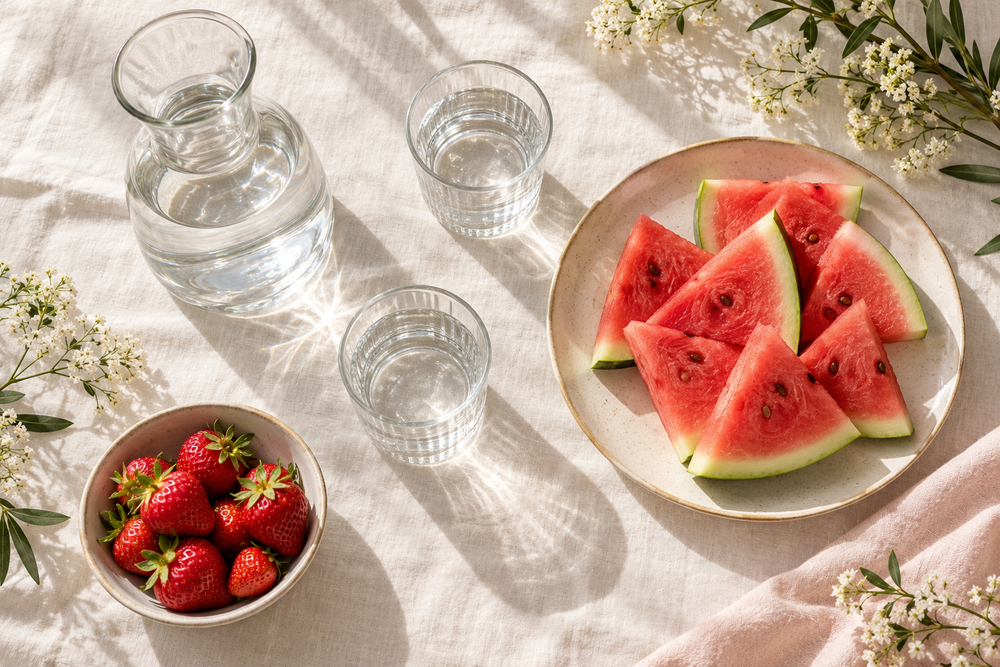 Overhead view of a water carafe, two glasses of water, sliced watermelon, and strawberries on a linen tablecloth
