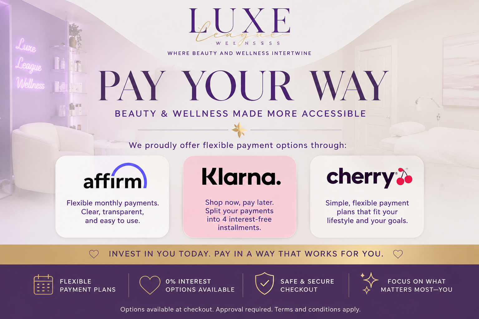 An advertisement for Luxe Wellness offering flexible payment options including Affirm, Klarna, and Cherry, highlighting benefits like flexible monthly payments, interest-free installments, and secure checkout in a wellness center setting.