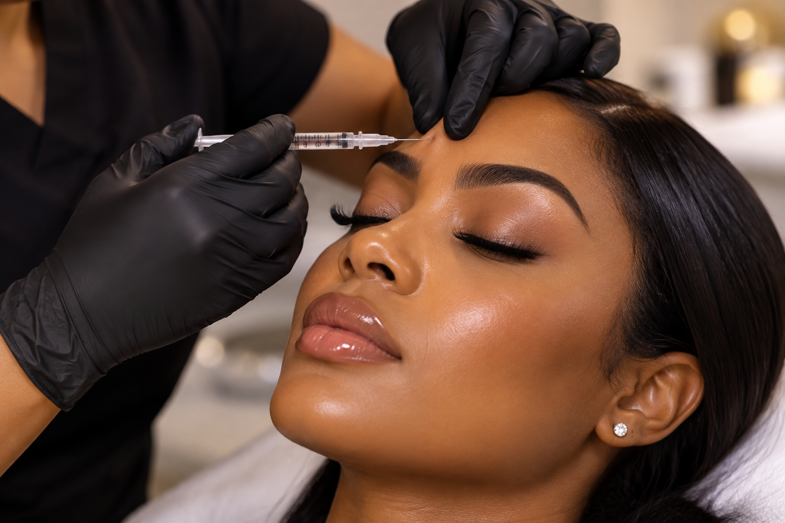 Woman receiving a neurotoxin treatment on her forehead from a licensed provider.
