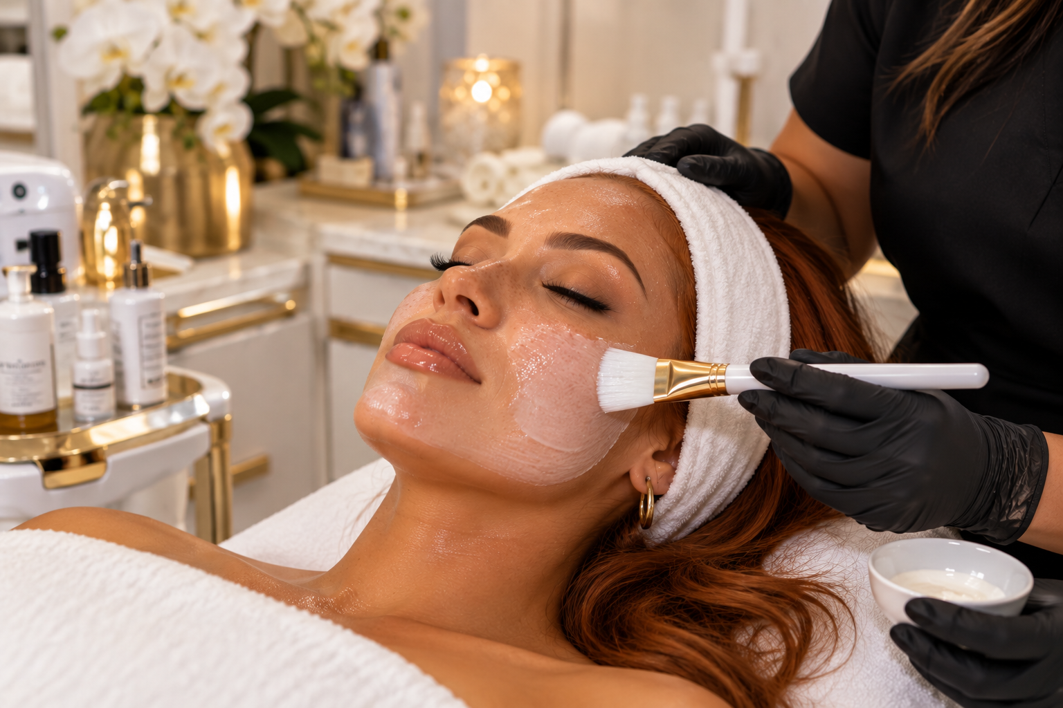 Woman receiving a corrective facial treatment from a skincare professional.