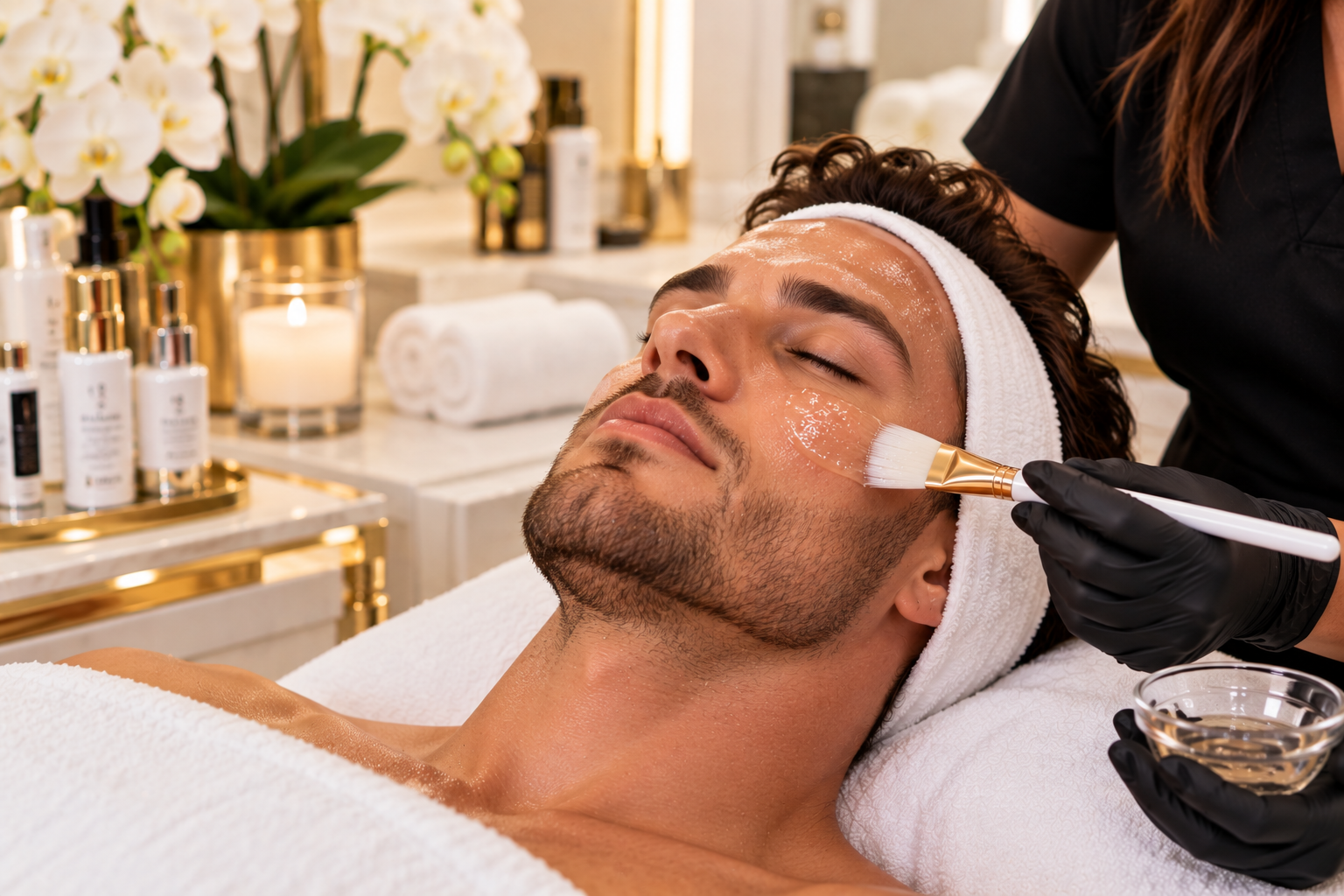 Man receiving a facial treatment in a luxury skincare setting.