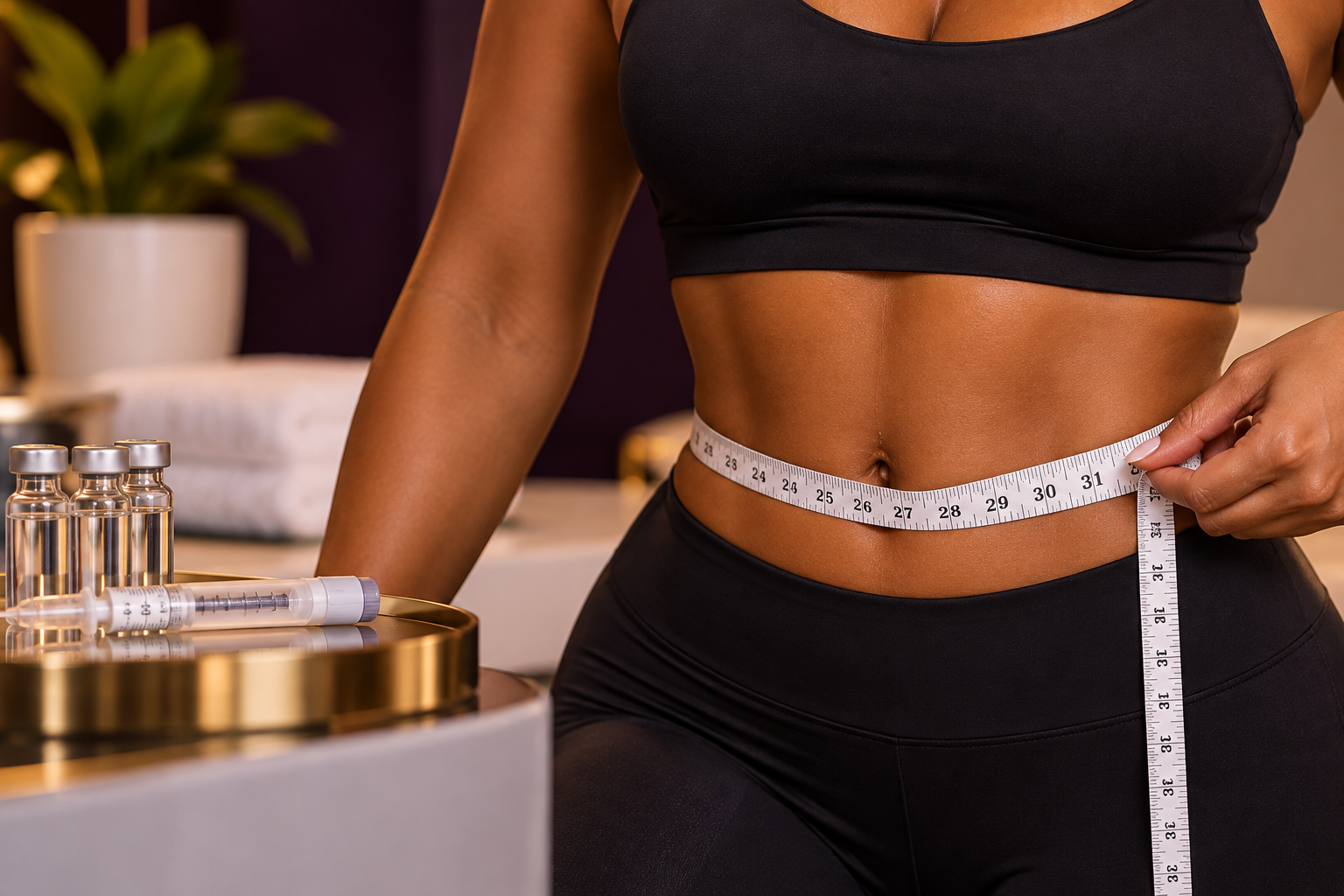 Woman measuring her waist as part of a personalized wellness journey.