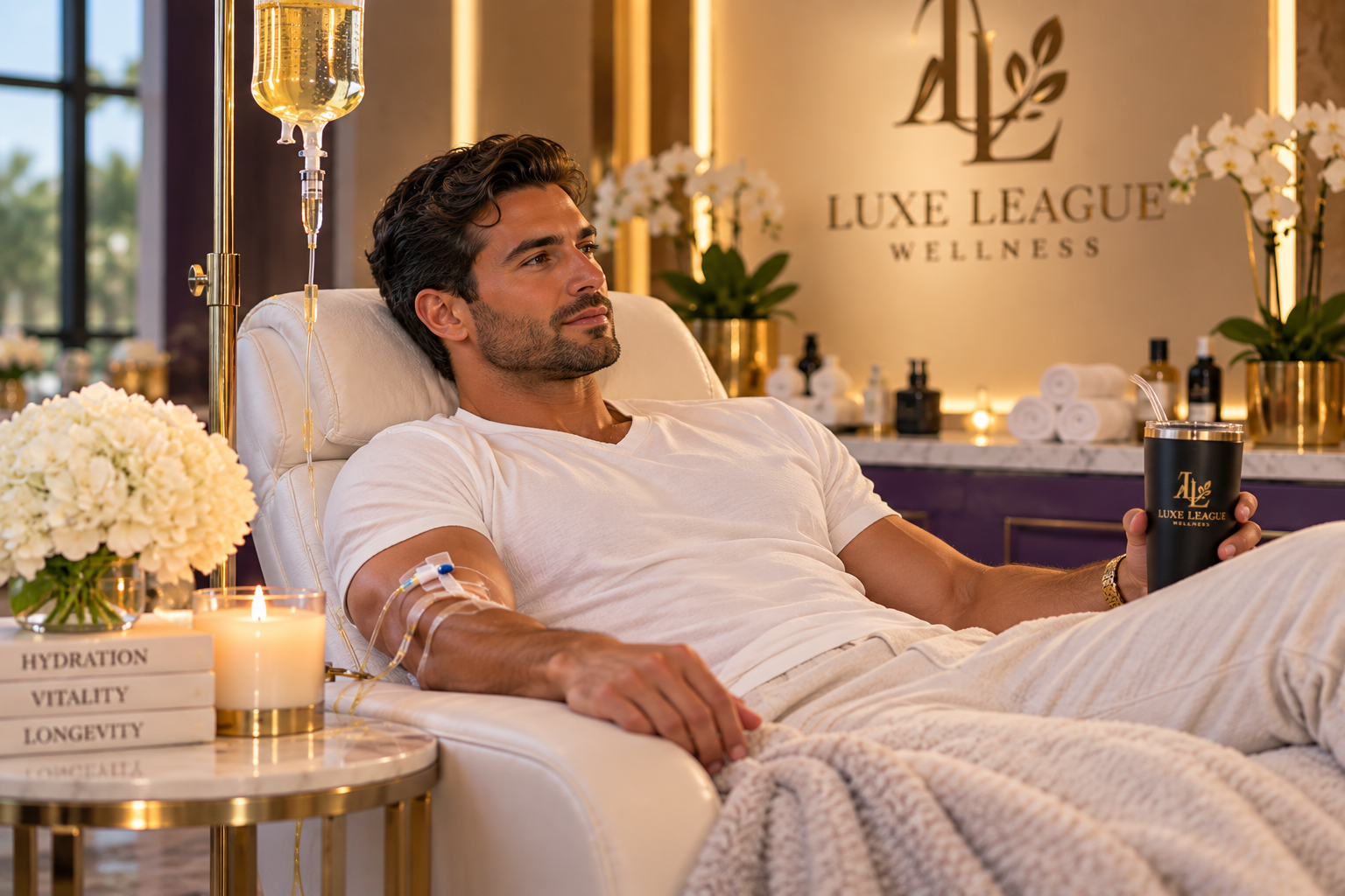 Man receiving IV hydration while relaxing in a wellness lounge.
